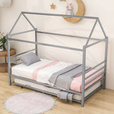 Metal Twin House Bed Frame with Twin Trundle Bed and Headboard