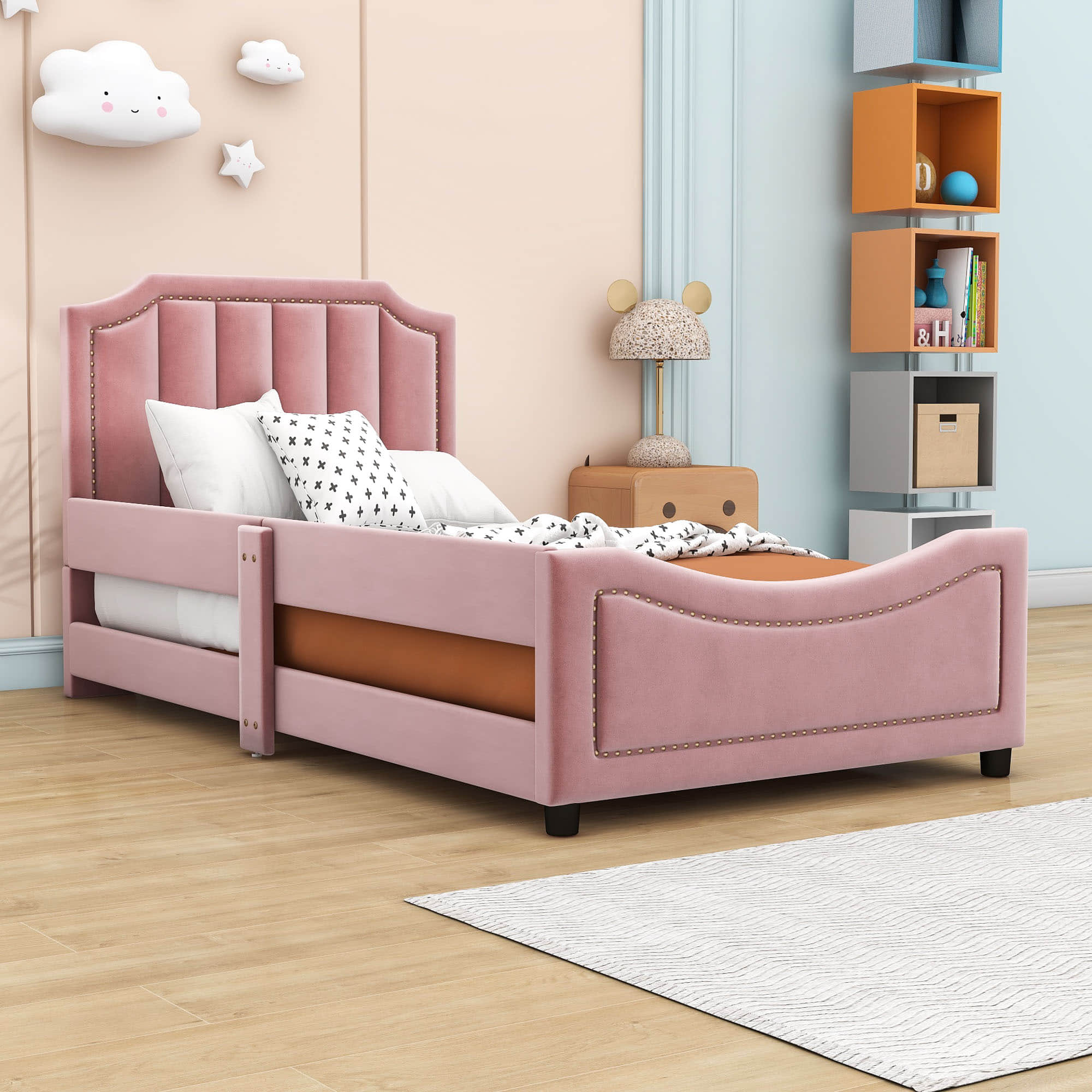 Cute Twin Low Profile Upholstered Toddler Nursery Bed with Rails