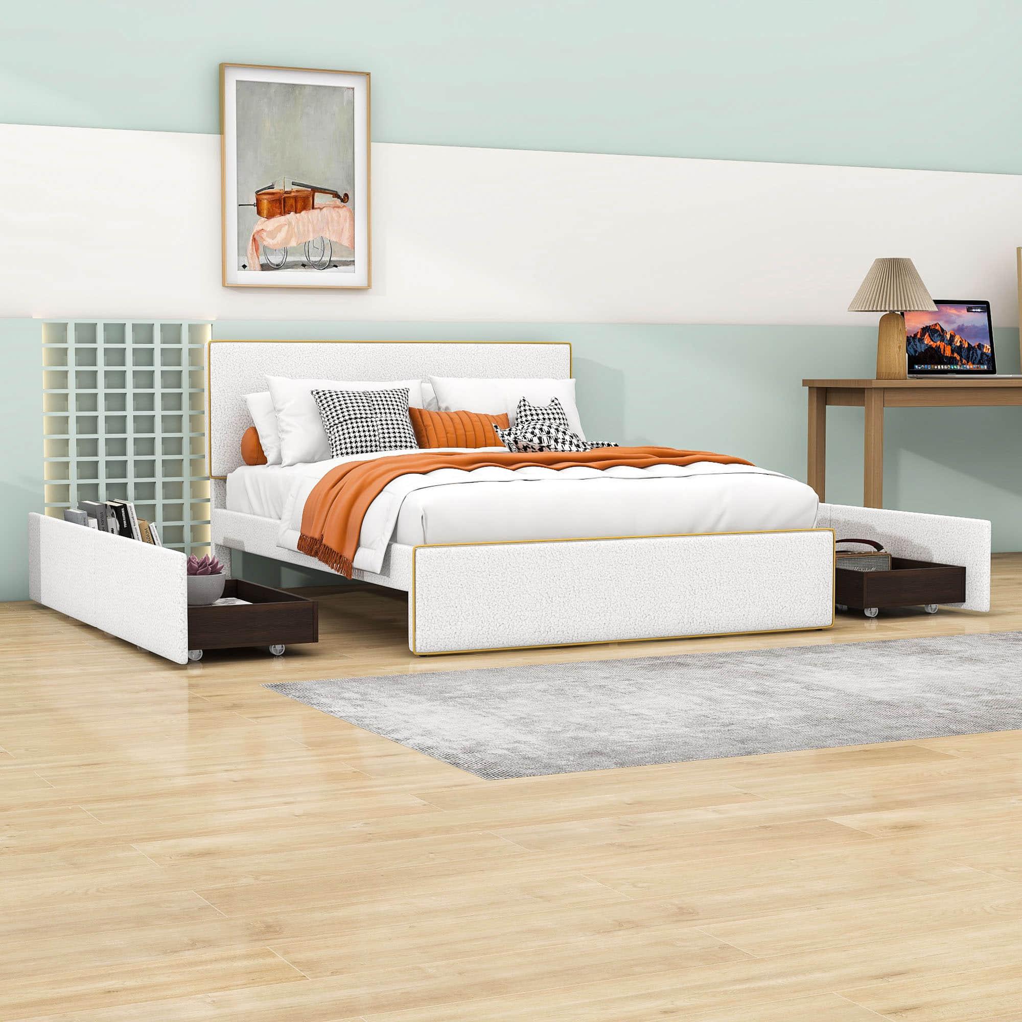 Full Upholstered Platform Bed Frame with Headboard and Storage