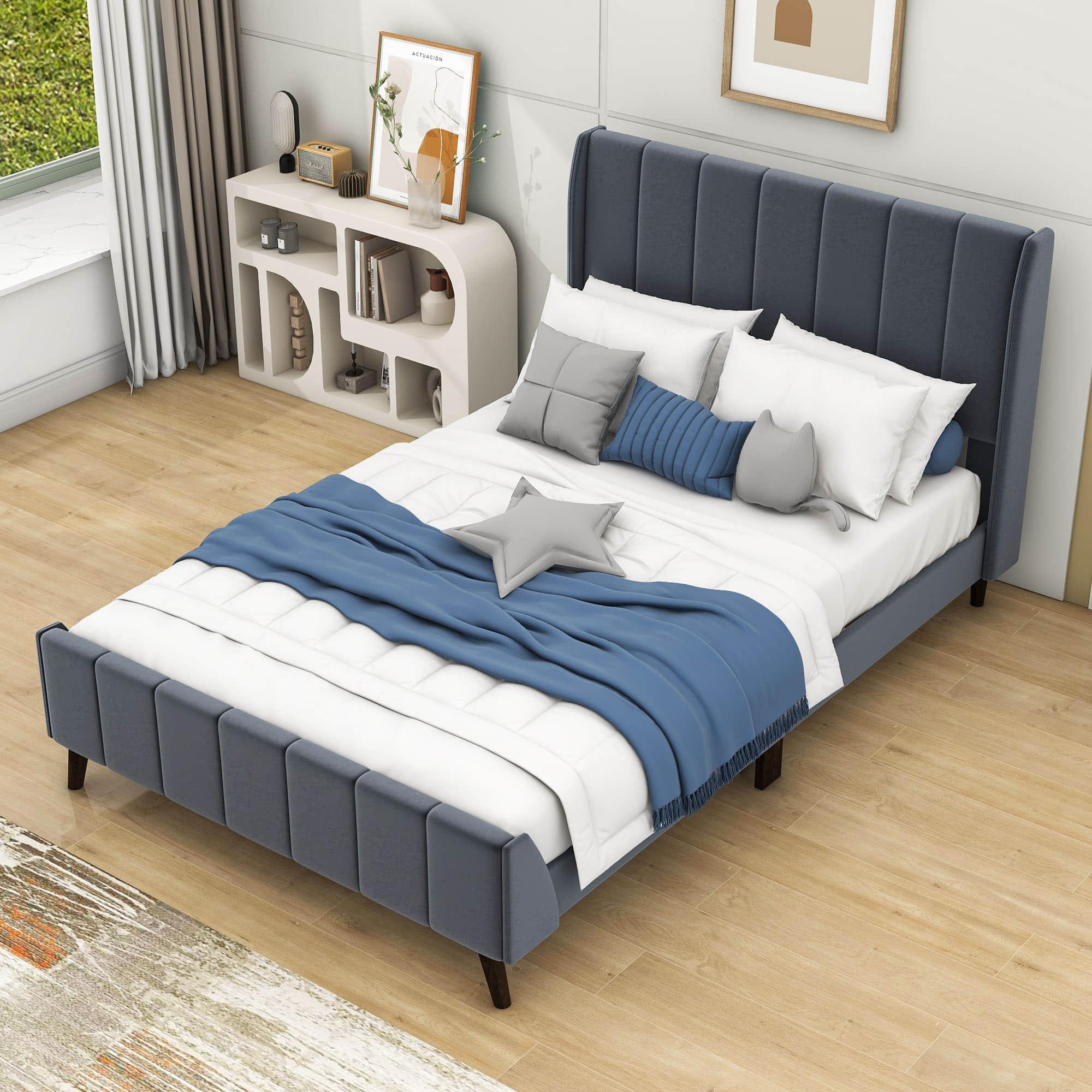 Modern Velvet Upholstered Full Size Bed Frame with Wingback Headboard