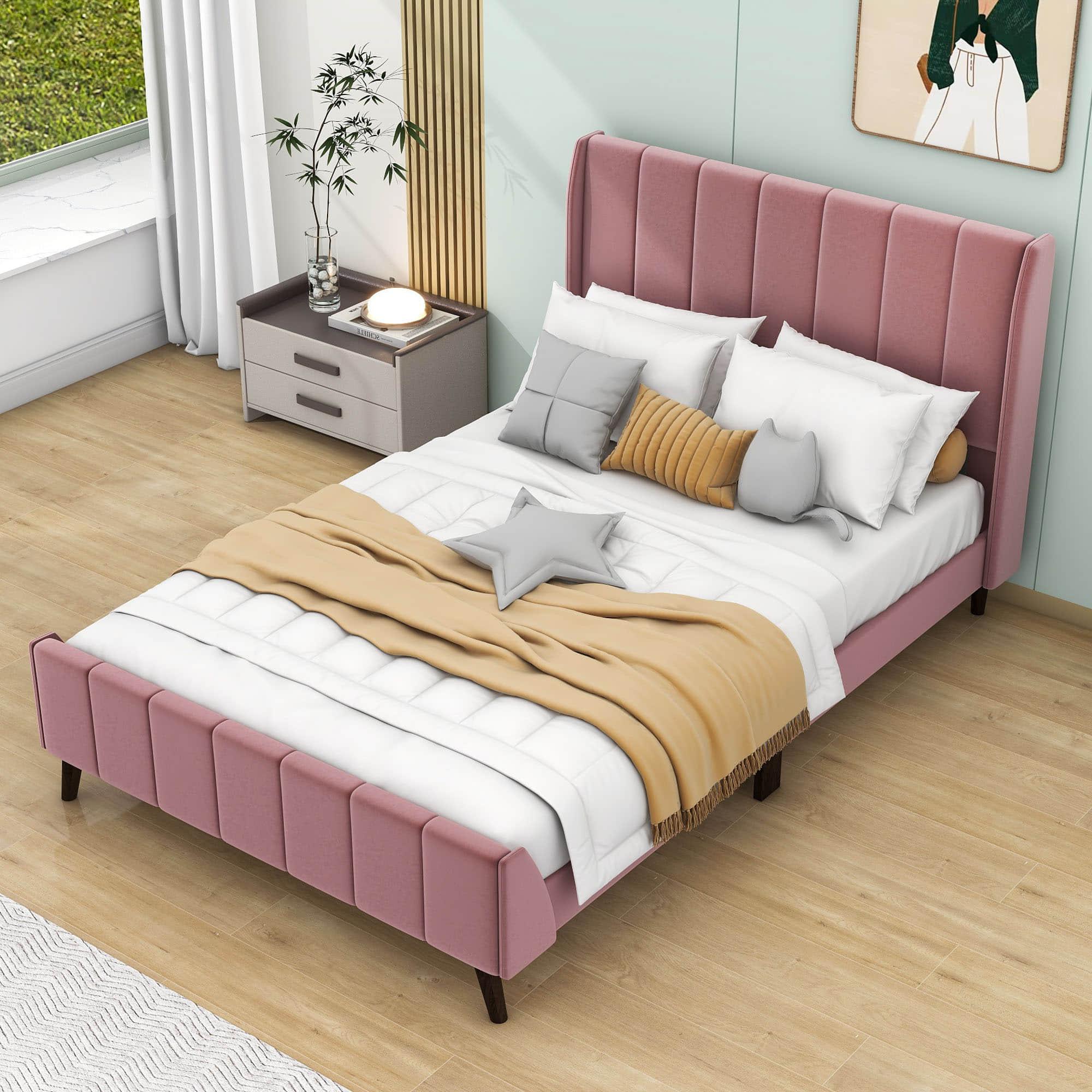 Modern Velvet Upholstered Full Size Bed Frame with Wingback Headboard