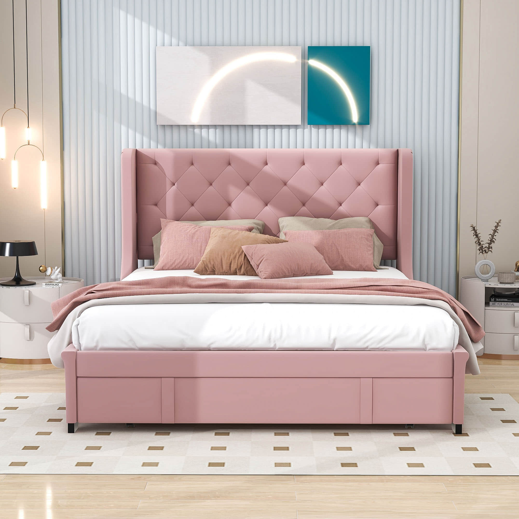 Queen Upholstered Bed Frame with Wingback Headboard and Storage