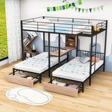 L-Shaped Full Over Twin & Twin Metal Triple Bunk Bed with Desk and Storage