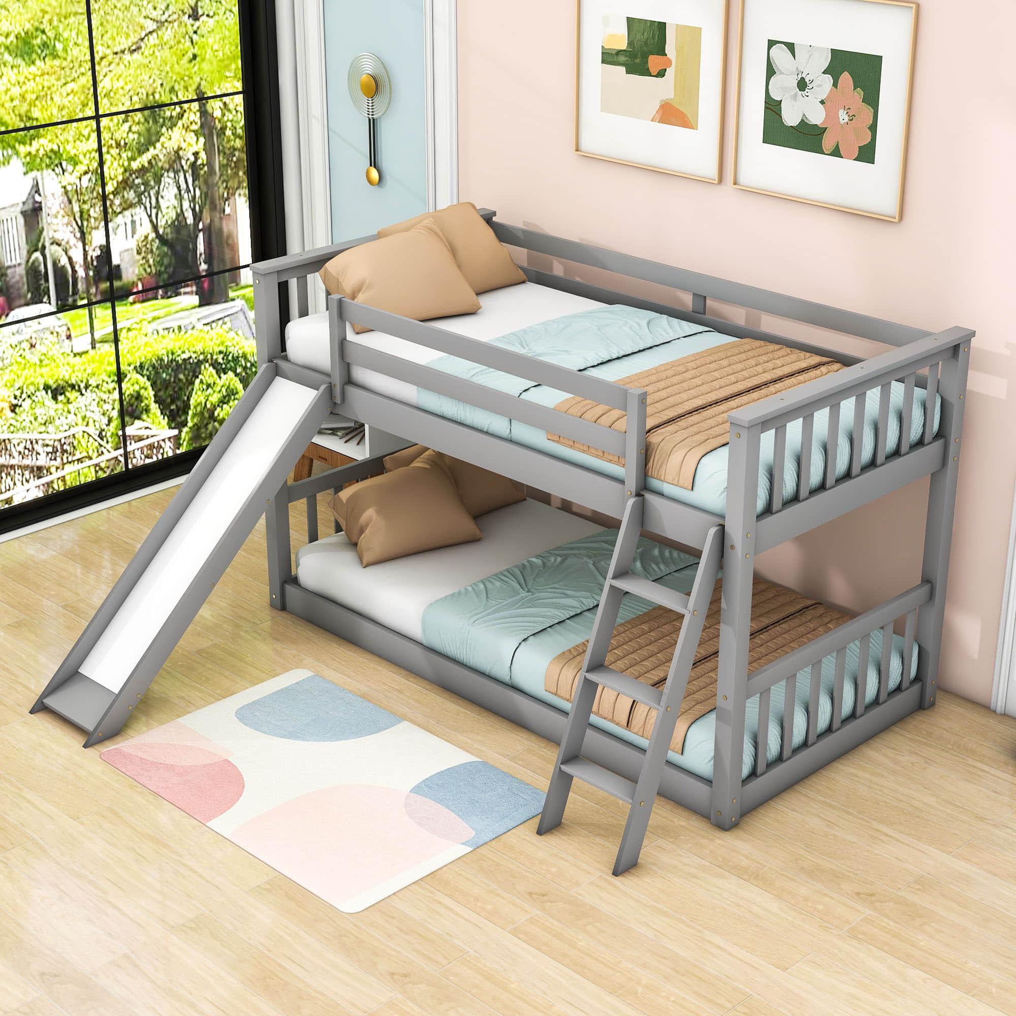 Low Twin Over Twin Bunk Beds with Slide for Kids Toddler - [Wooden, Floor, Interchangeable]