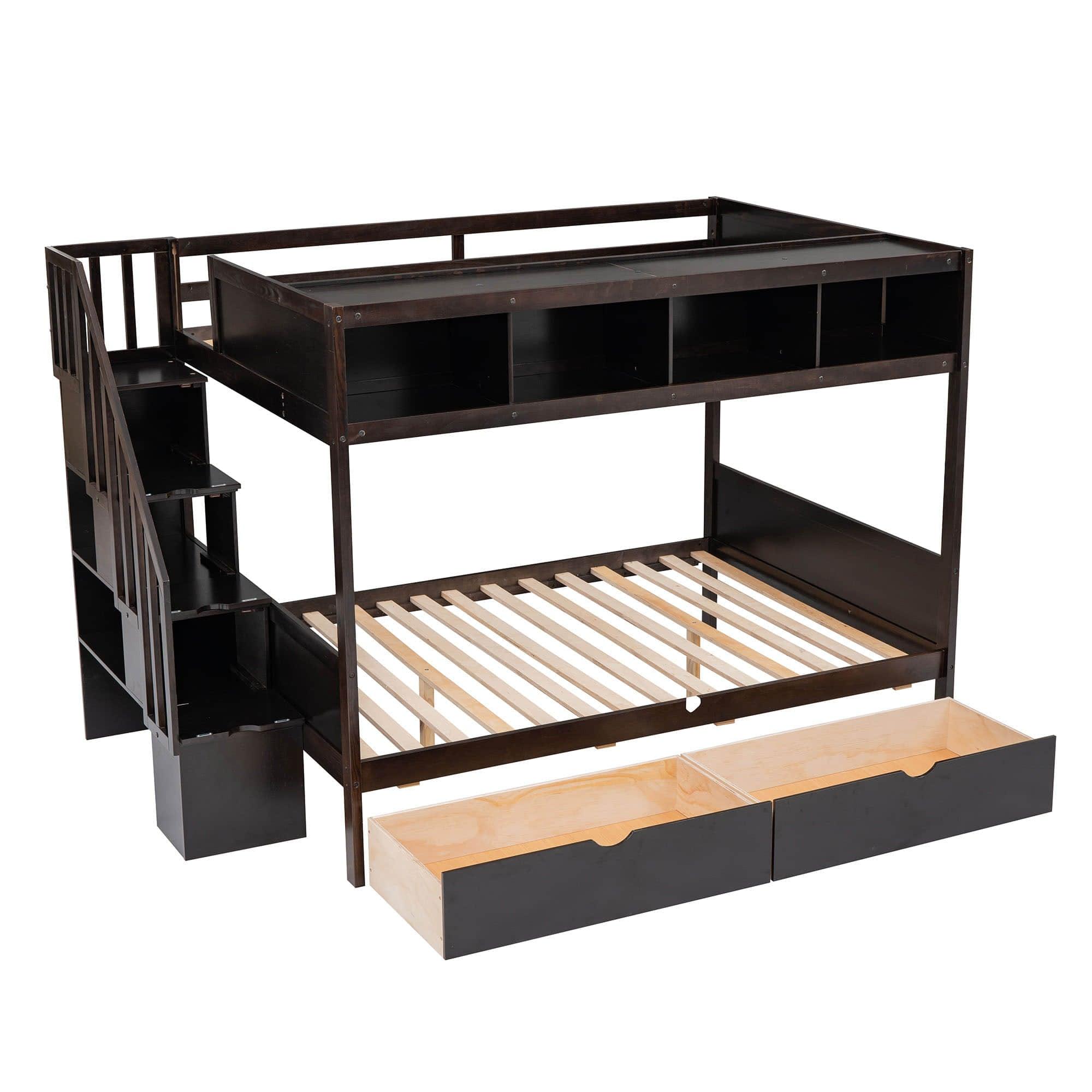 Twin Over Full Bunk Beds with Stairs and Storage for Adults - [Wooden, Drawers, Bookcase]