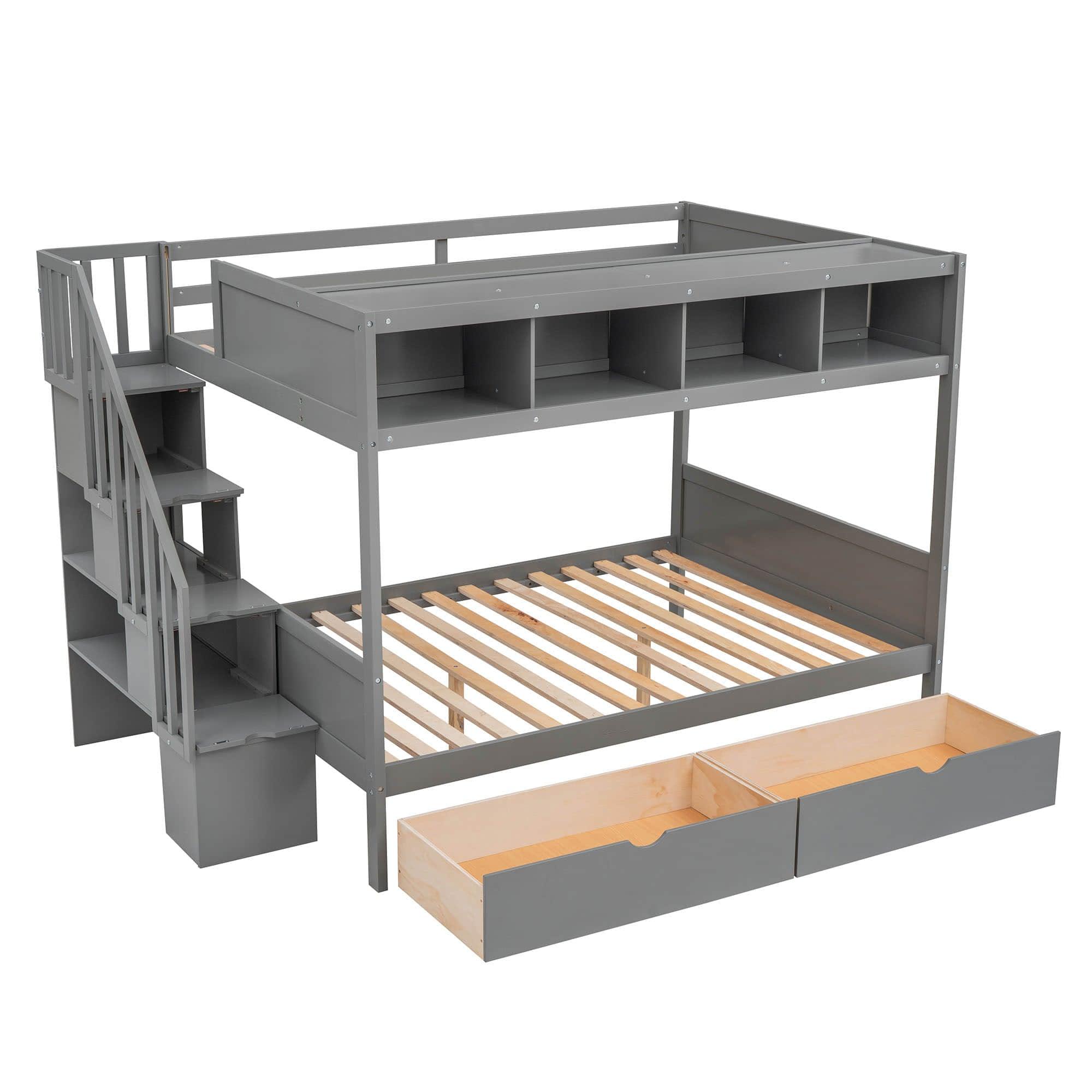 Twin Over Full Bunk Beds with Stairs and Storage for Adults - [Wooden, Drawers, Bookcase]