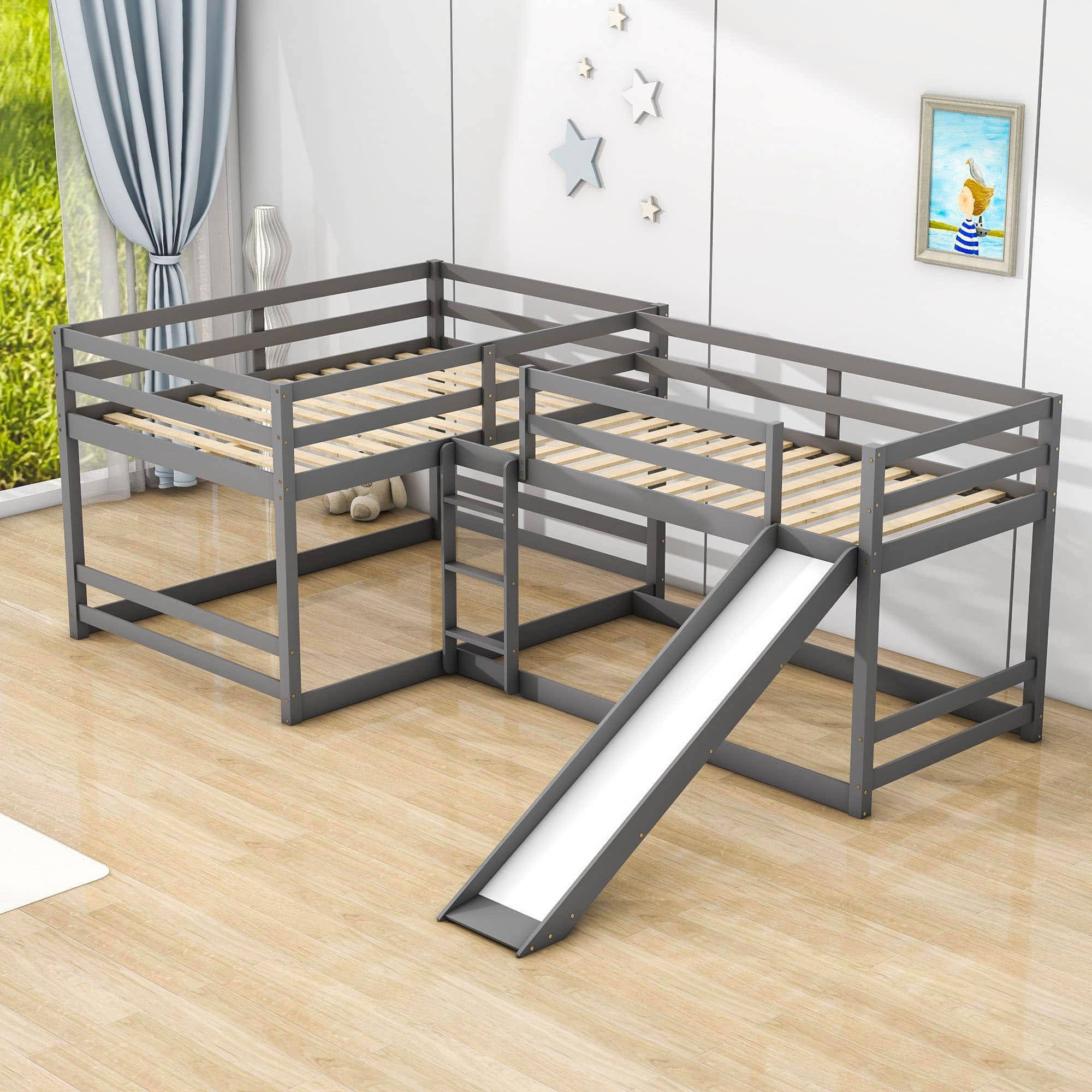 Corner Full and Twin Quad Bunk Beds with Slide - [Wooden, Convertible, L-Shaped]