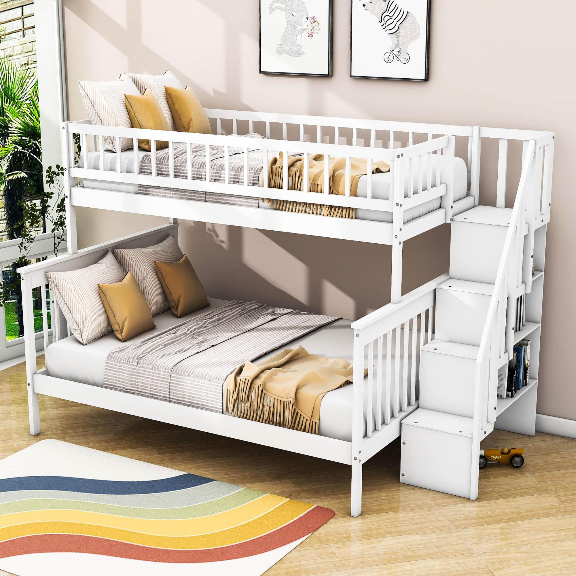 Twin Over Full Wooden Bunk Beds with Stairs and Storage Shelves