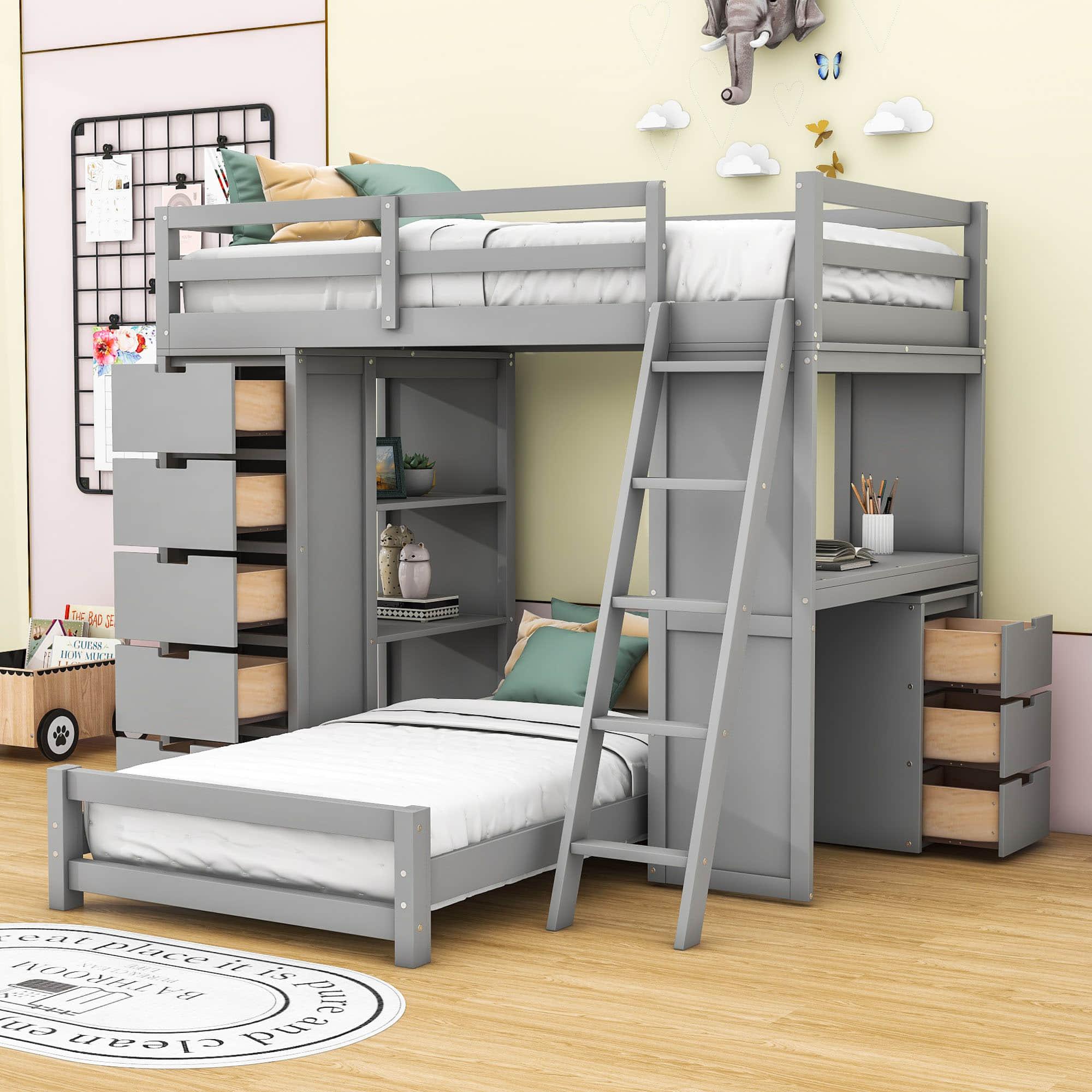 Smart Twin Over Twin Bunk Beds with Desk and Storage Chest, Drawers