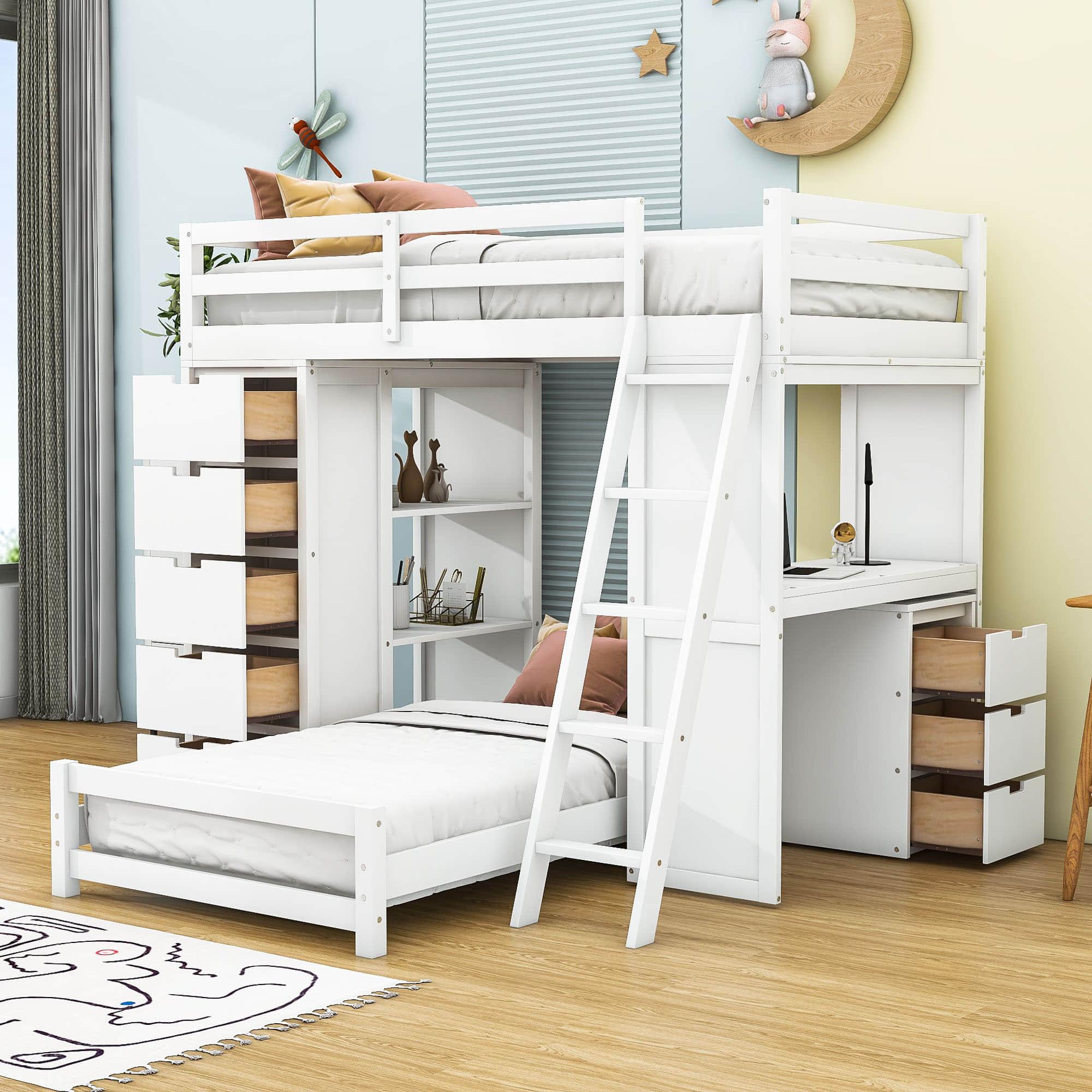 Smart Twin Over Twin Bunk Beds with Desk and Storage Chest, Drawers