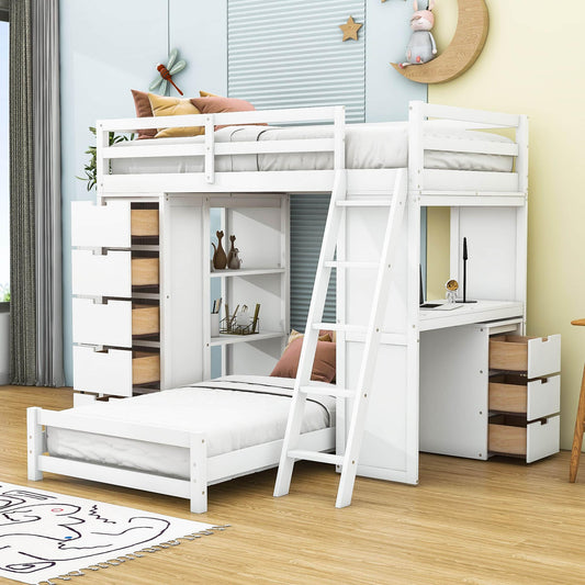 Smart Twin Over Twin Bunk Beds with Desk and Storage Chest, Drawers