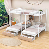 L-Shaped Full Over Twin & Twin Metal Triple Bunk Bed with Desk and Storage