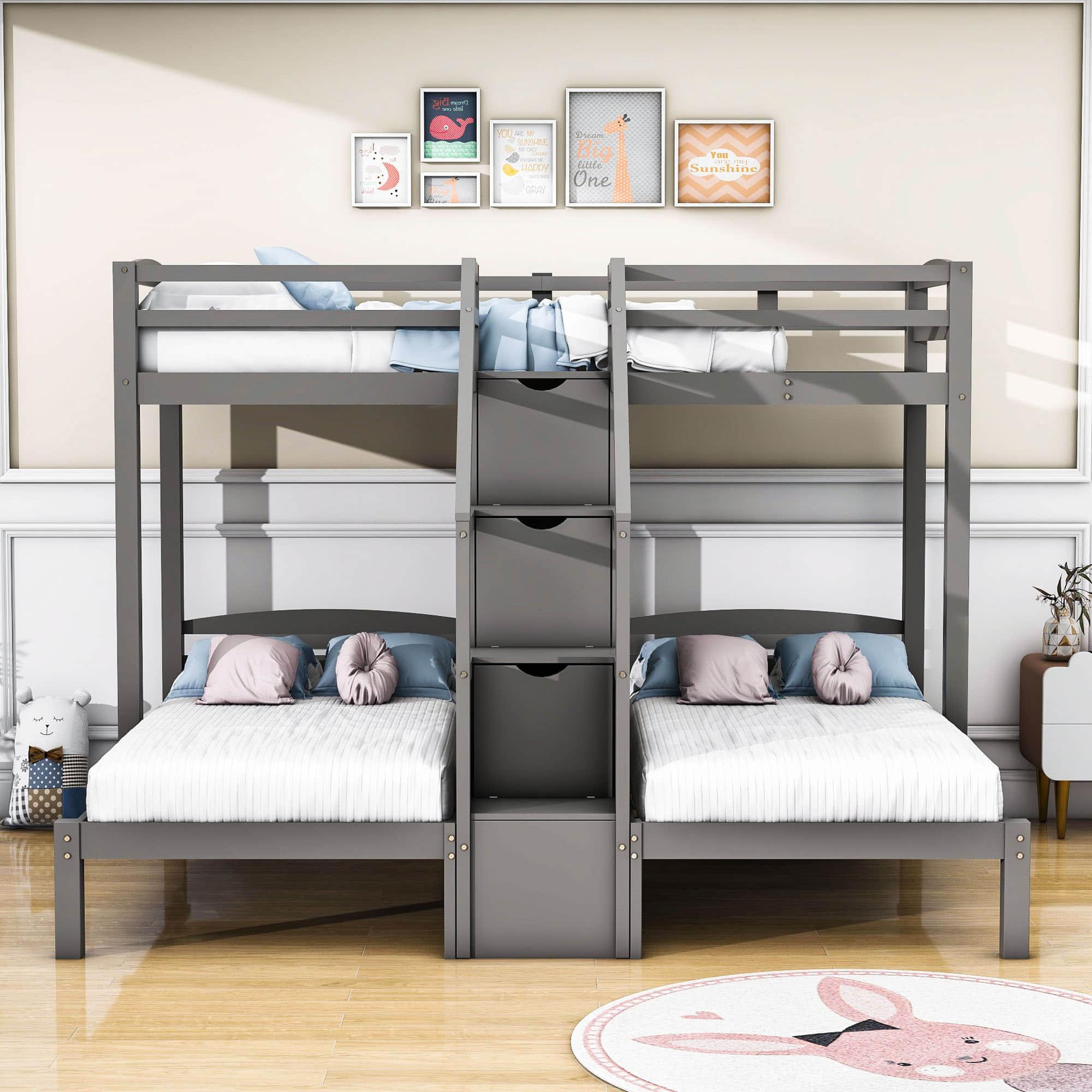 Wood Twin over Twin & Twin Triple Bunk Bed for Kids with Stairs and Storage