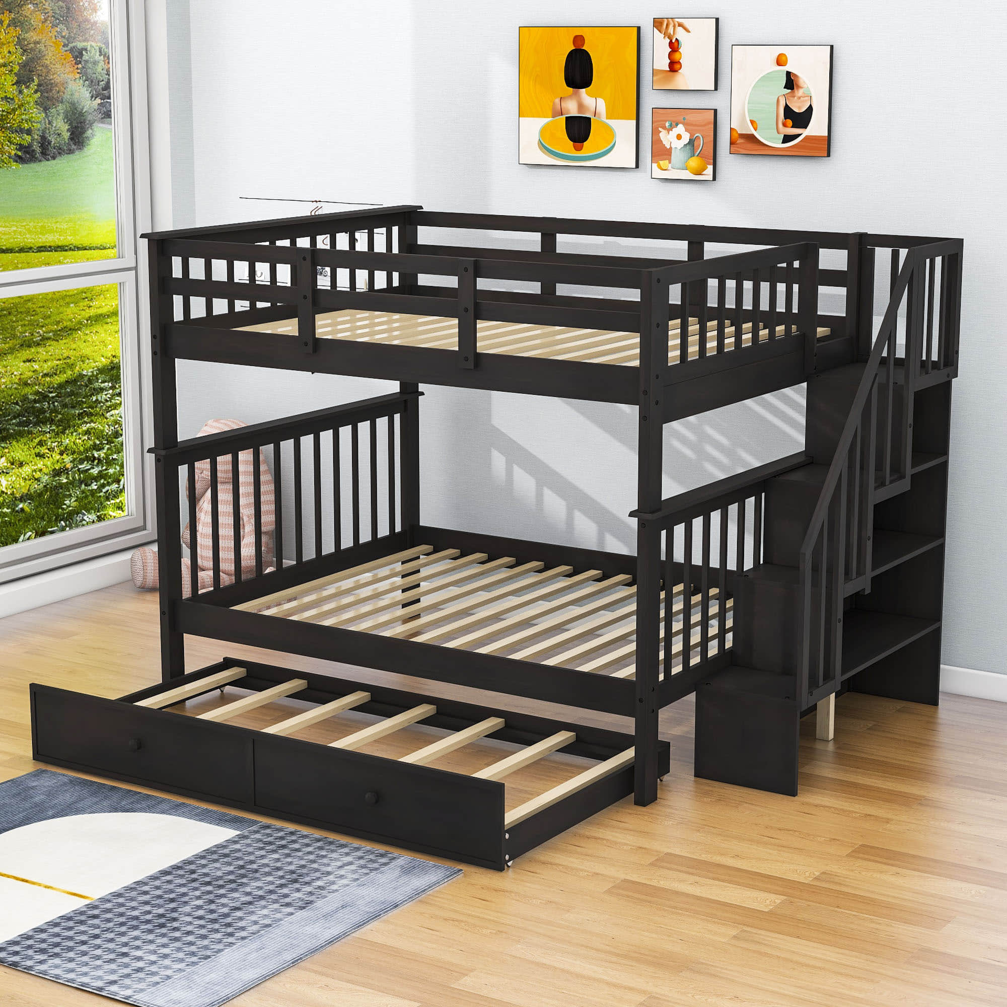 Wooden Full Over Full Bunk Beds with Trundle and Storage - [Stairs, Shelves, Detachable]