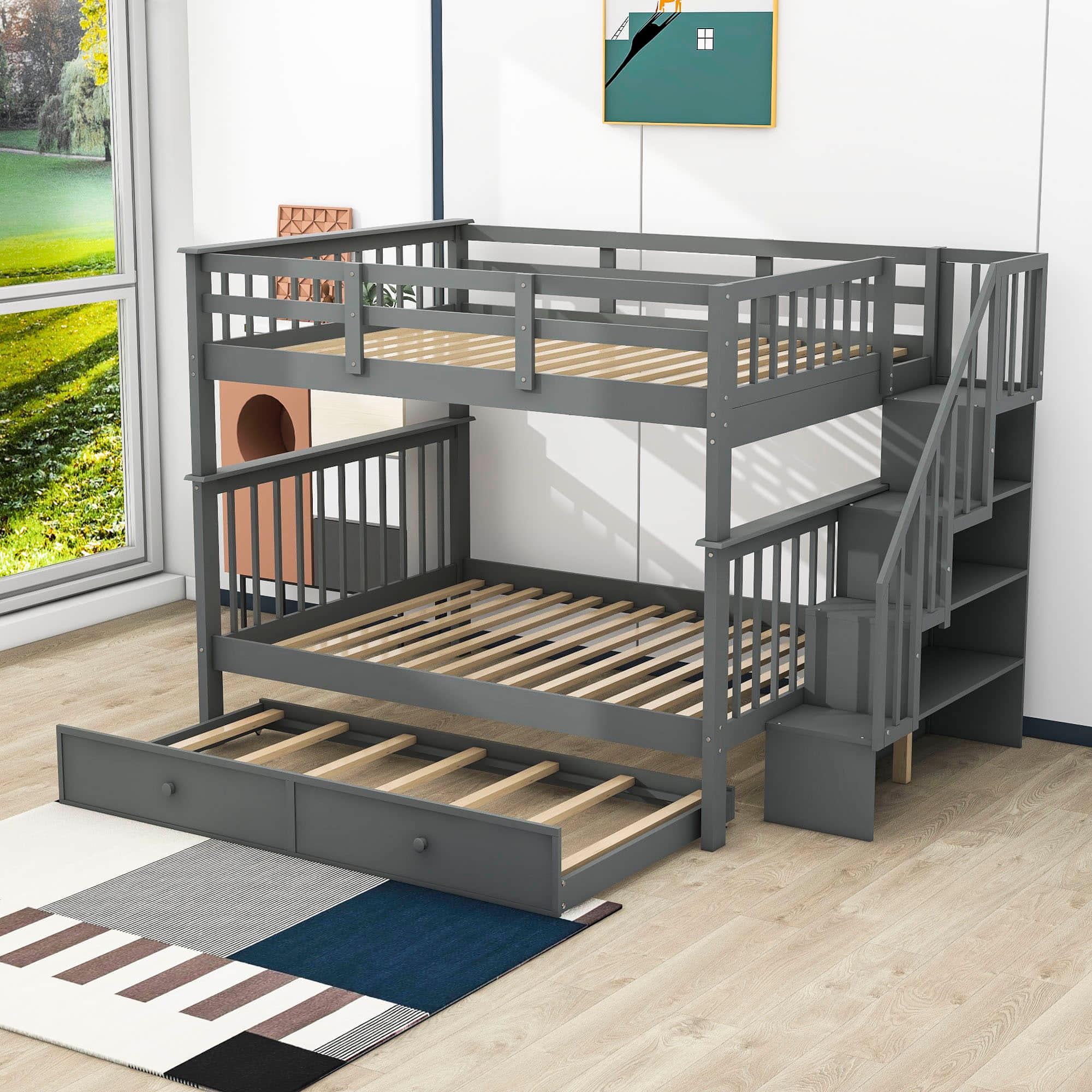 Wooden Full Over Full Bunk Beds with Trundle and Storage - [Stairs, Shelves, Detachable]