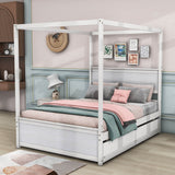 Full Size Wood Canopy Bed Frame with Twin Trundle Bed and Storage