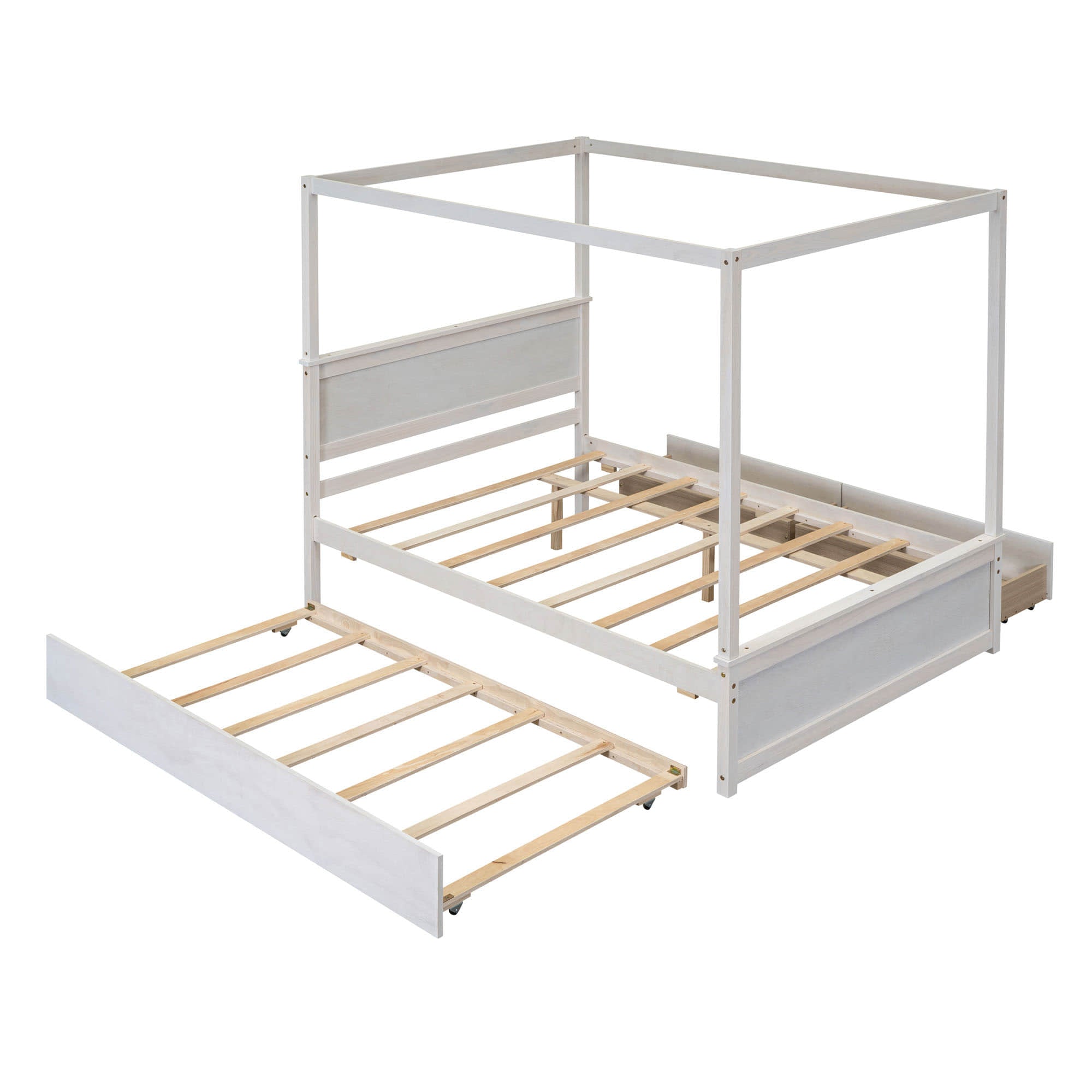 Full Size Wood Canopy Bed Frame with Twin Trundle Bed and Storage