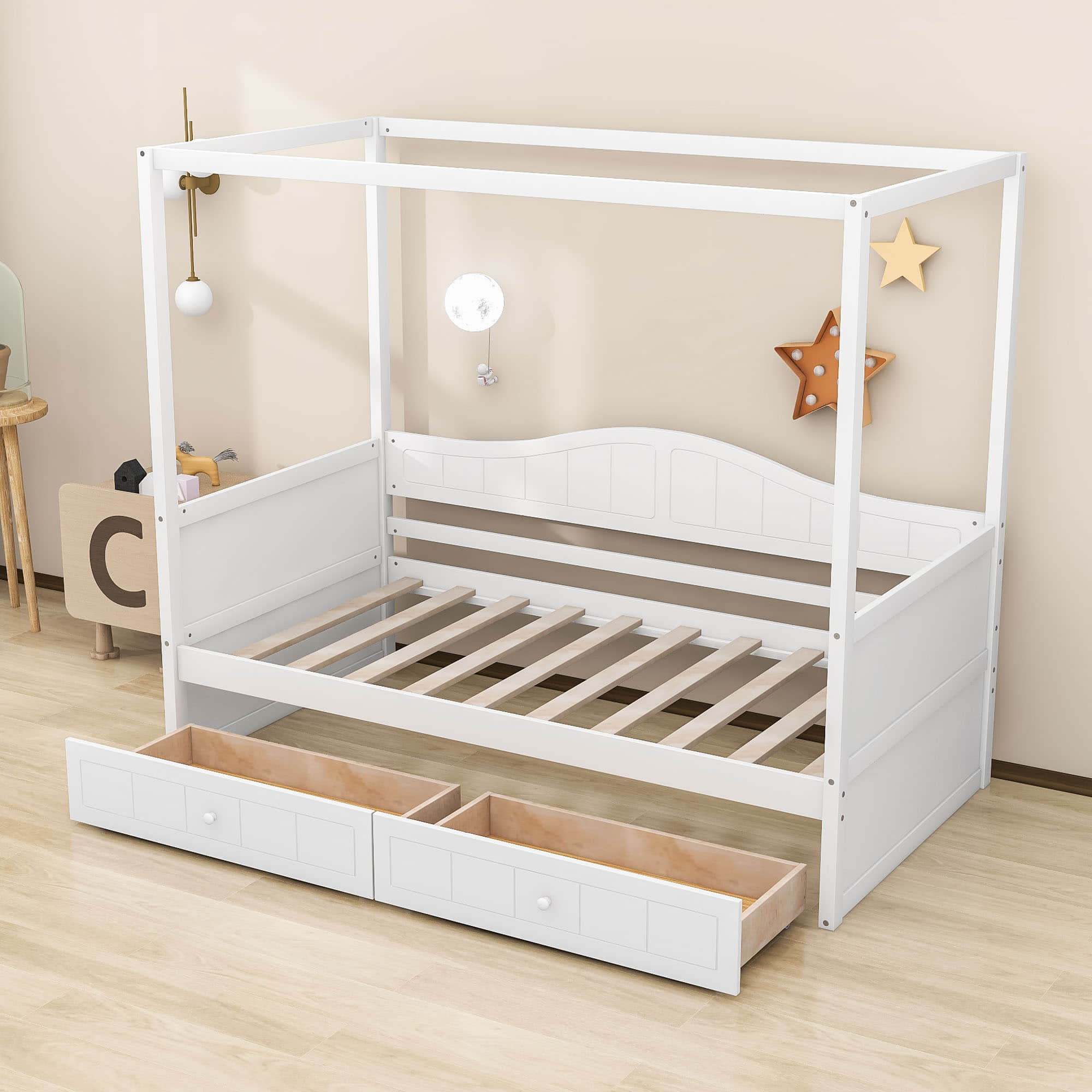 Wood Twin Size Canopy Daybed with Storage Drawers in Living Room