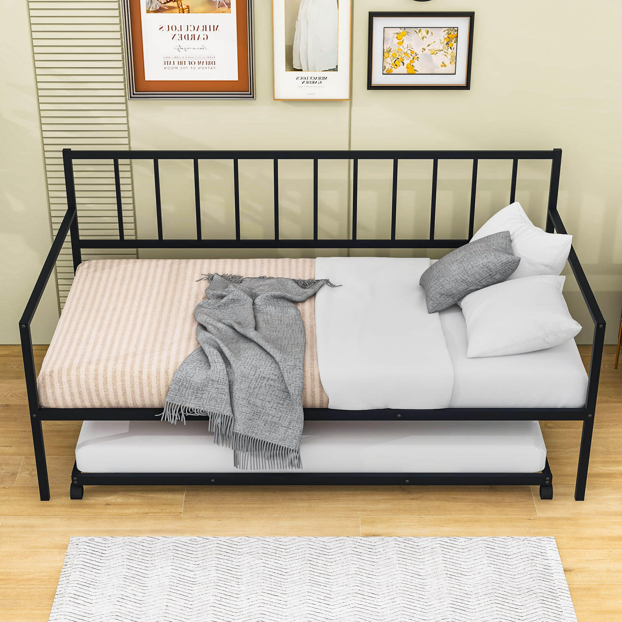 Twin Size Metal Day Bed Frame with Trundle for Adults, Kids