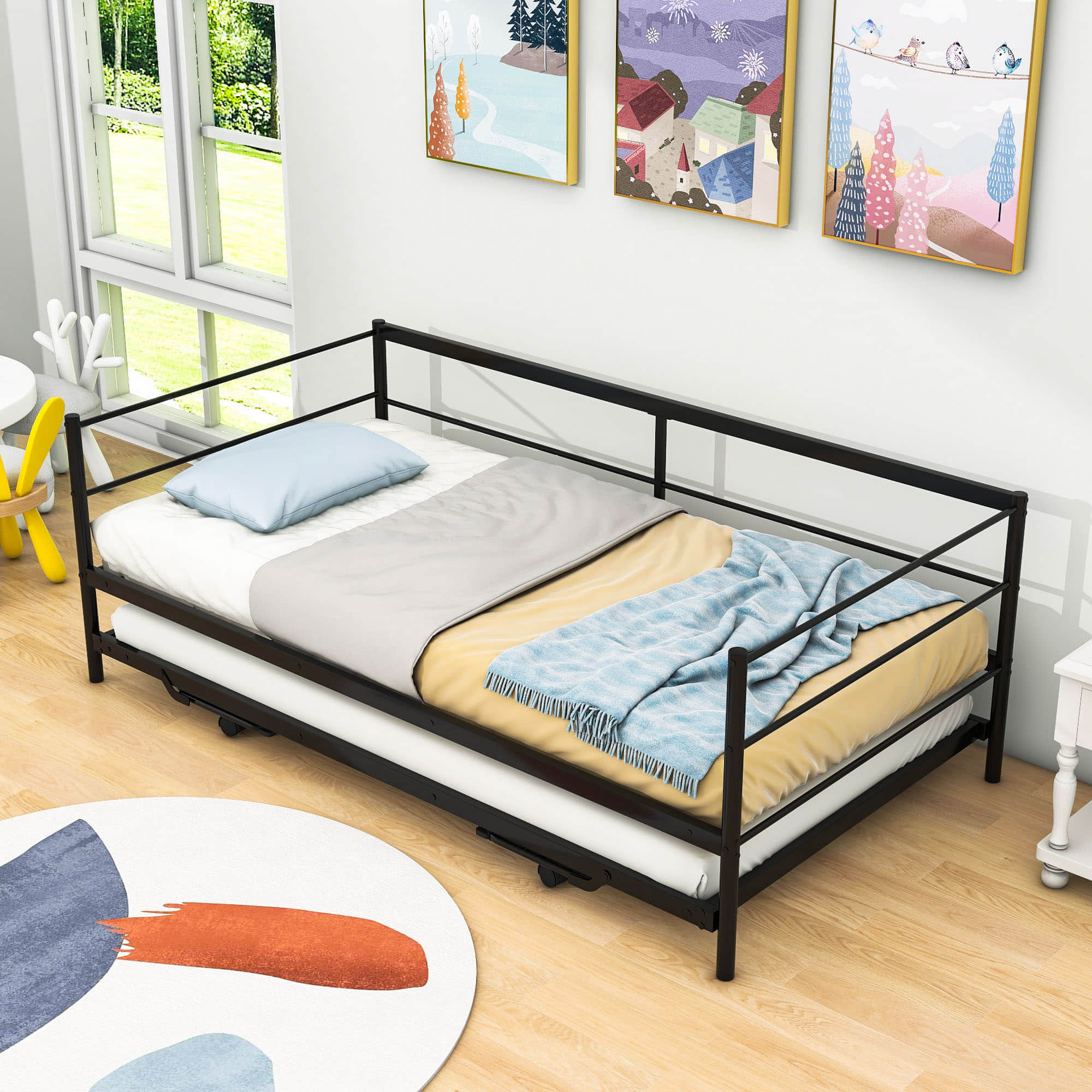 Convertible Metal Twin Daybed with Pop Up Trundle Bed