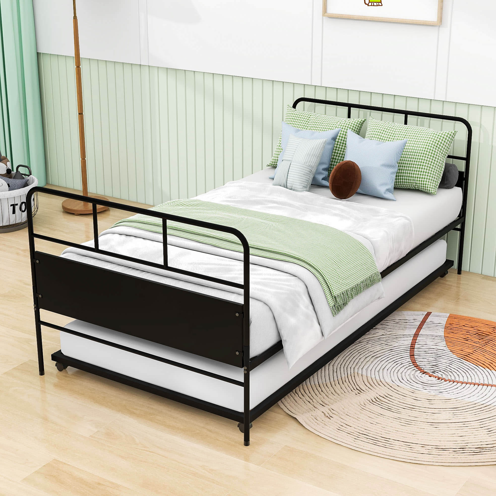 Twin Size Metal Day Bed Frame with Twin Trundle - [Backless]