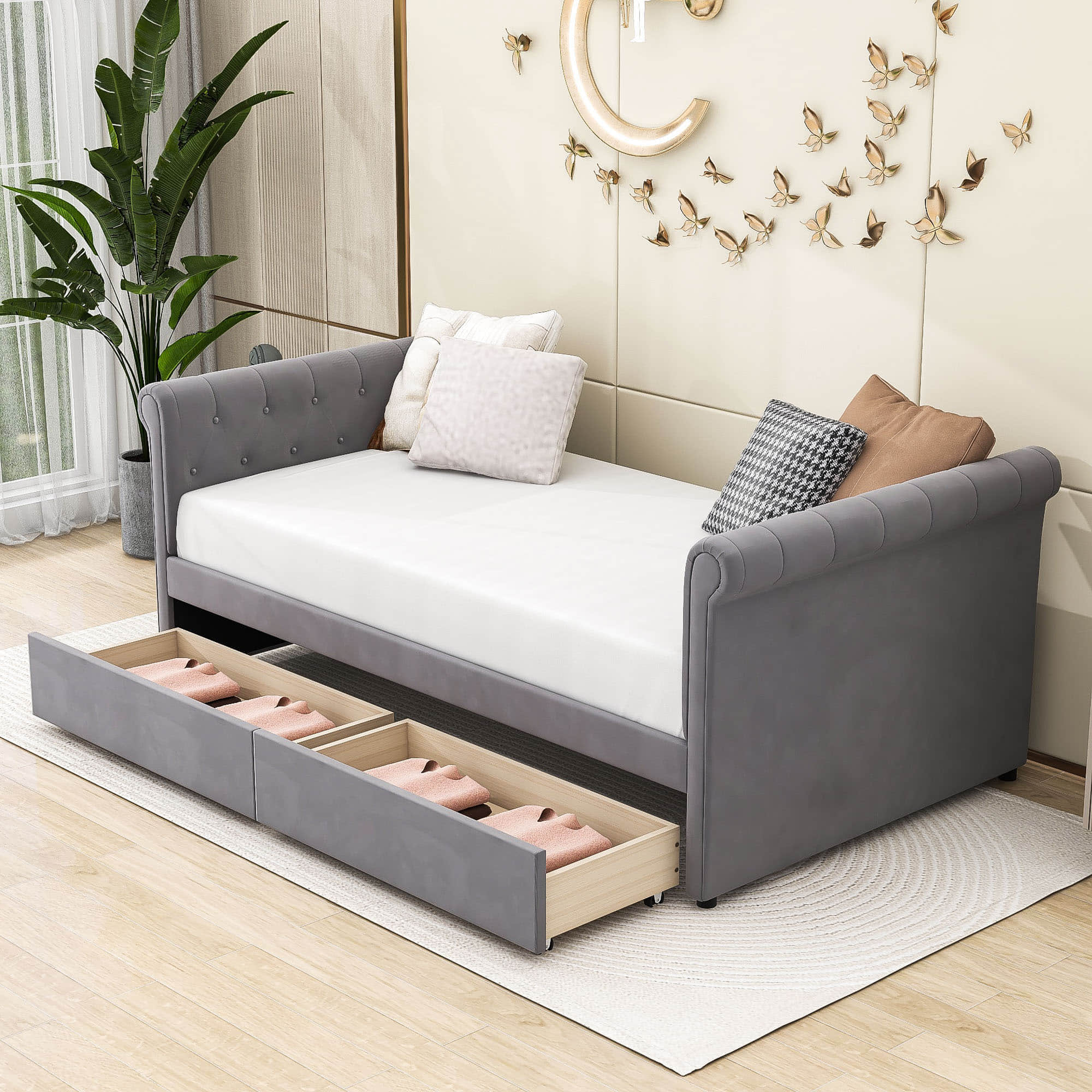 Modern Luxury Twin Size Upholstered Daybed with Storage for Adults