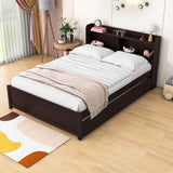 Wooden Full Size Platform Bed with Twin Trundle Bed and Storage Headboard - [Shelves]