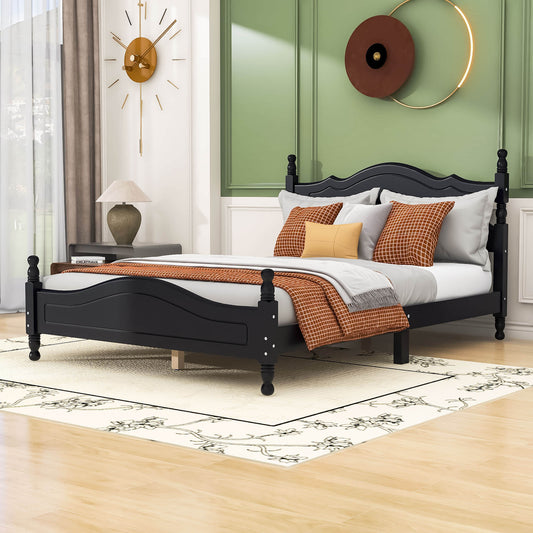 Traditional Full Size Low Profile Wood Platform Bed Frame with Headboard