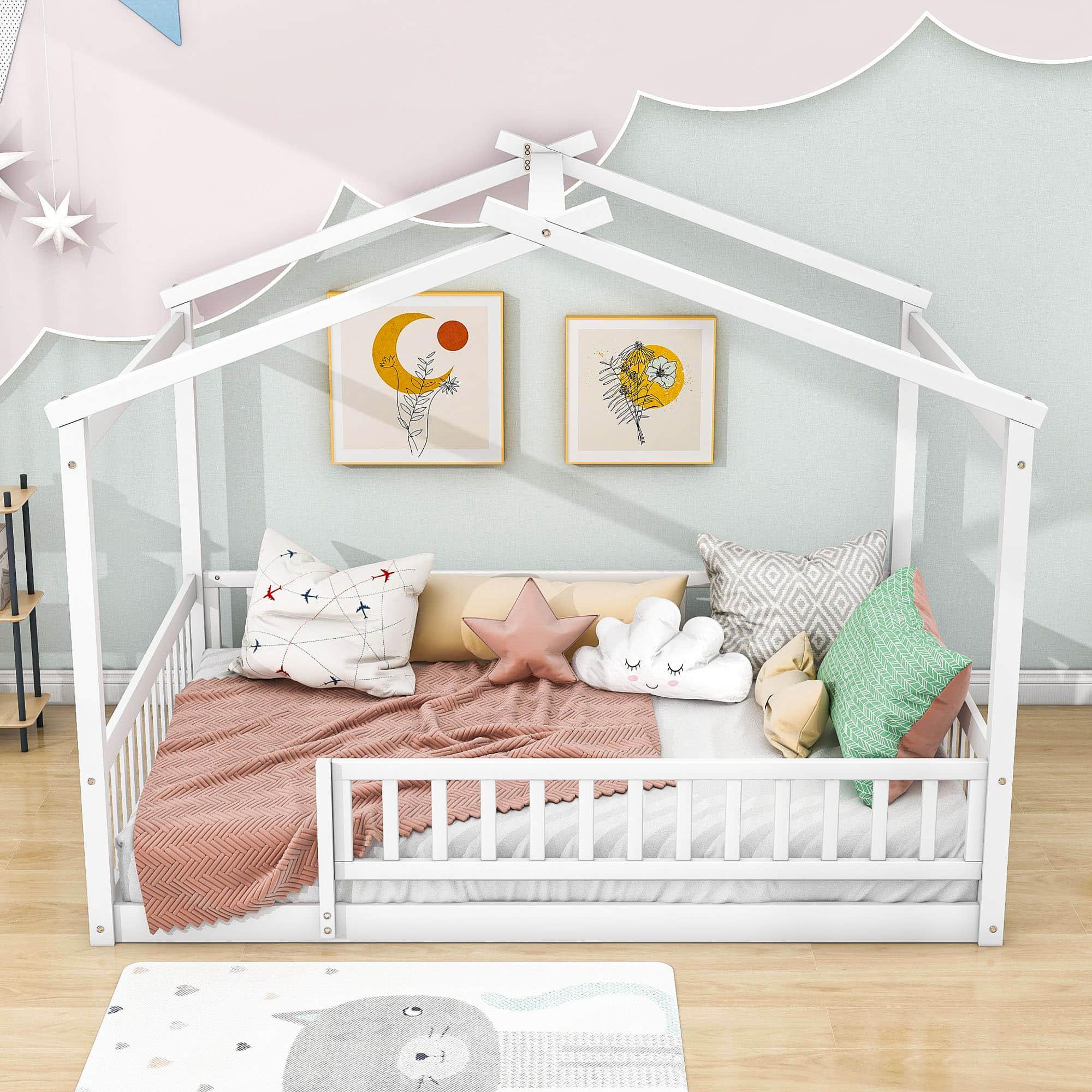 Full Size Wood House Kids Toddler Floor Bed with Rails