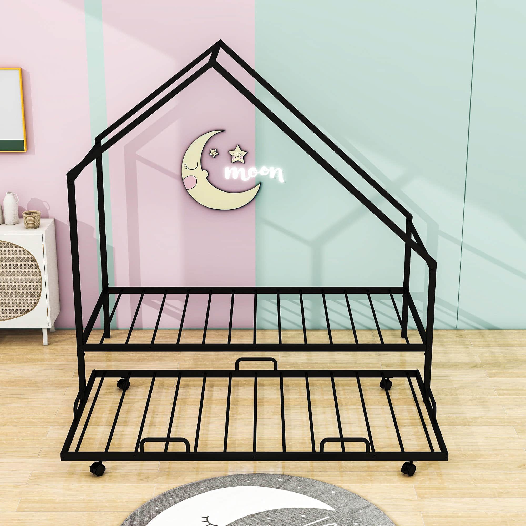 Twin Size Metal Tent House Bed Frame with Twin Trundle Bed