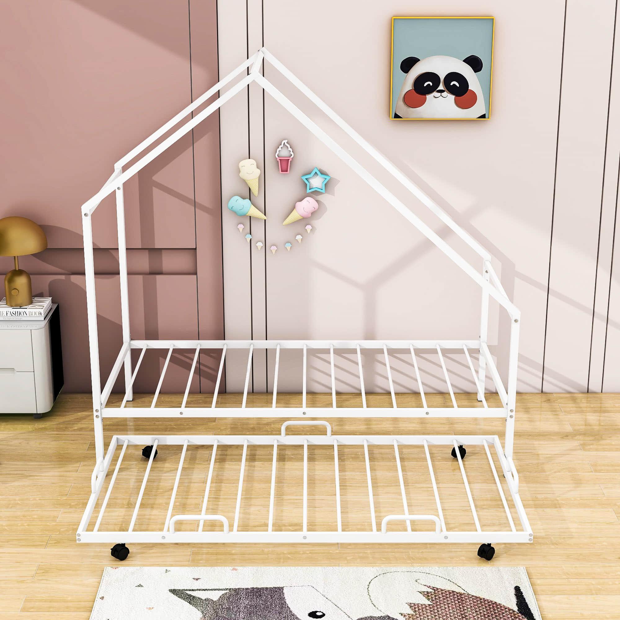 Twin Size Metal Tent House Bed Frame with Twin Trundle Bed