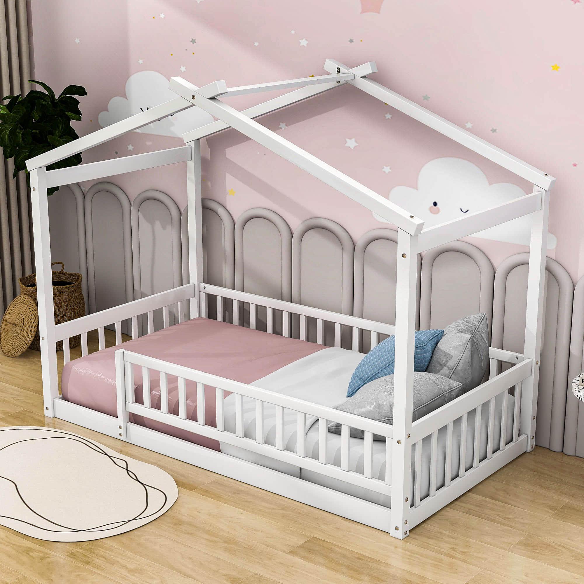 Twin Wood House Kids Toddler Floor Bed with Rails