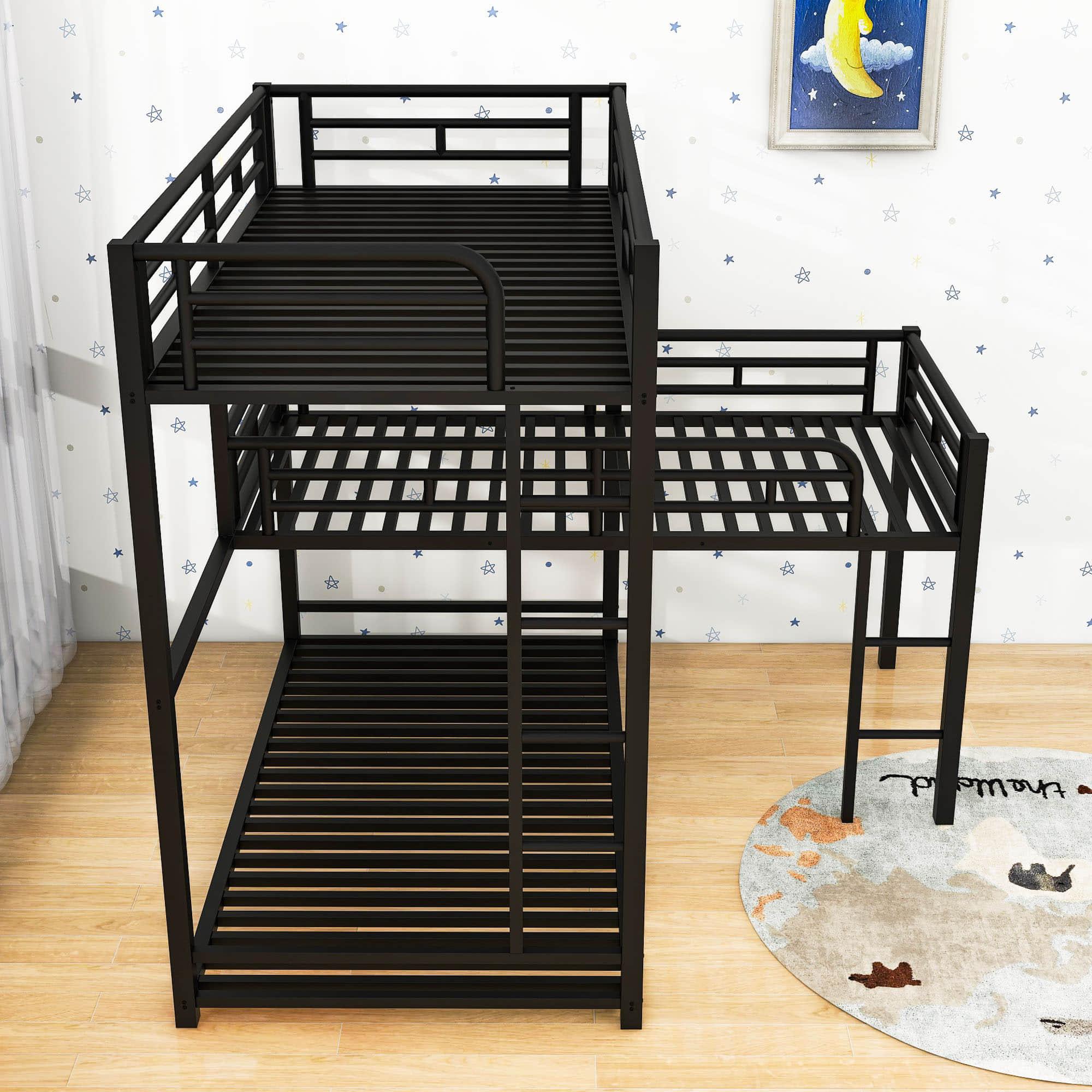 L-Shaped Low Twin Triple Bunk Beds for Kids, Toddler- [Metal, Floor]