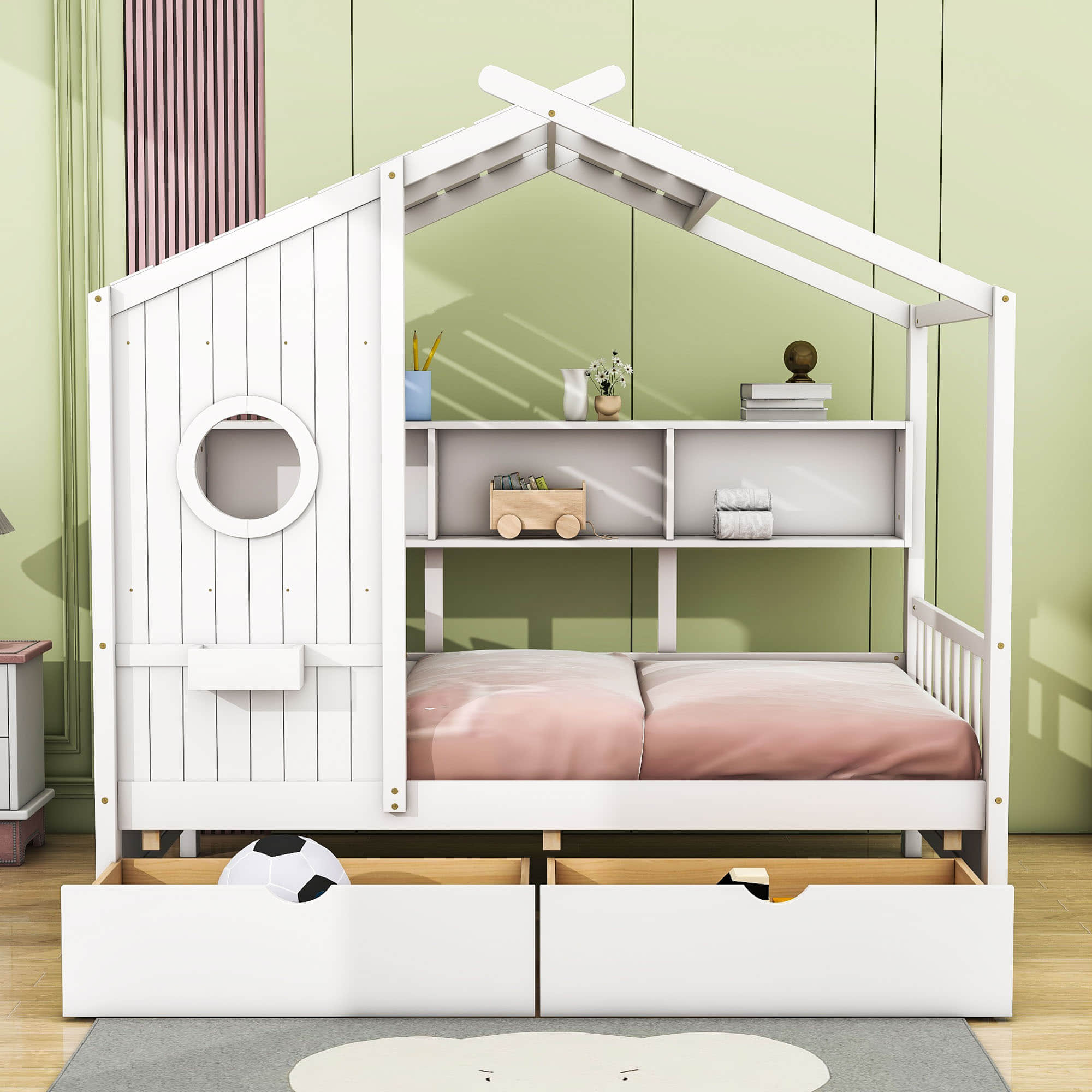 Kids Wooden Twin Size House Bed with Storage Drawers, Shelves