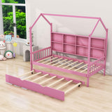 Twin Size Kids House Bed Frame with Twin Trundle and Shelf above Bed