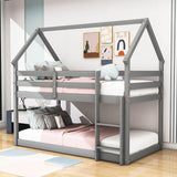 Small Low Twin Over Twin House Floor Bunk Beds for Kids, Toddler