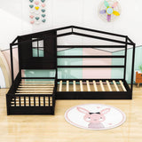 Wooden Montessori Twin Size House Double Kids Bed with Rails