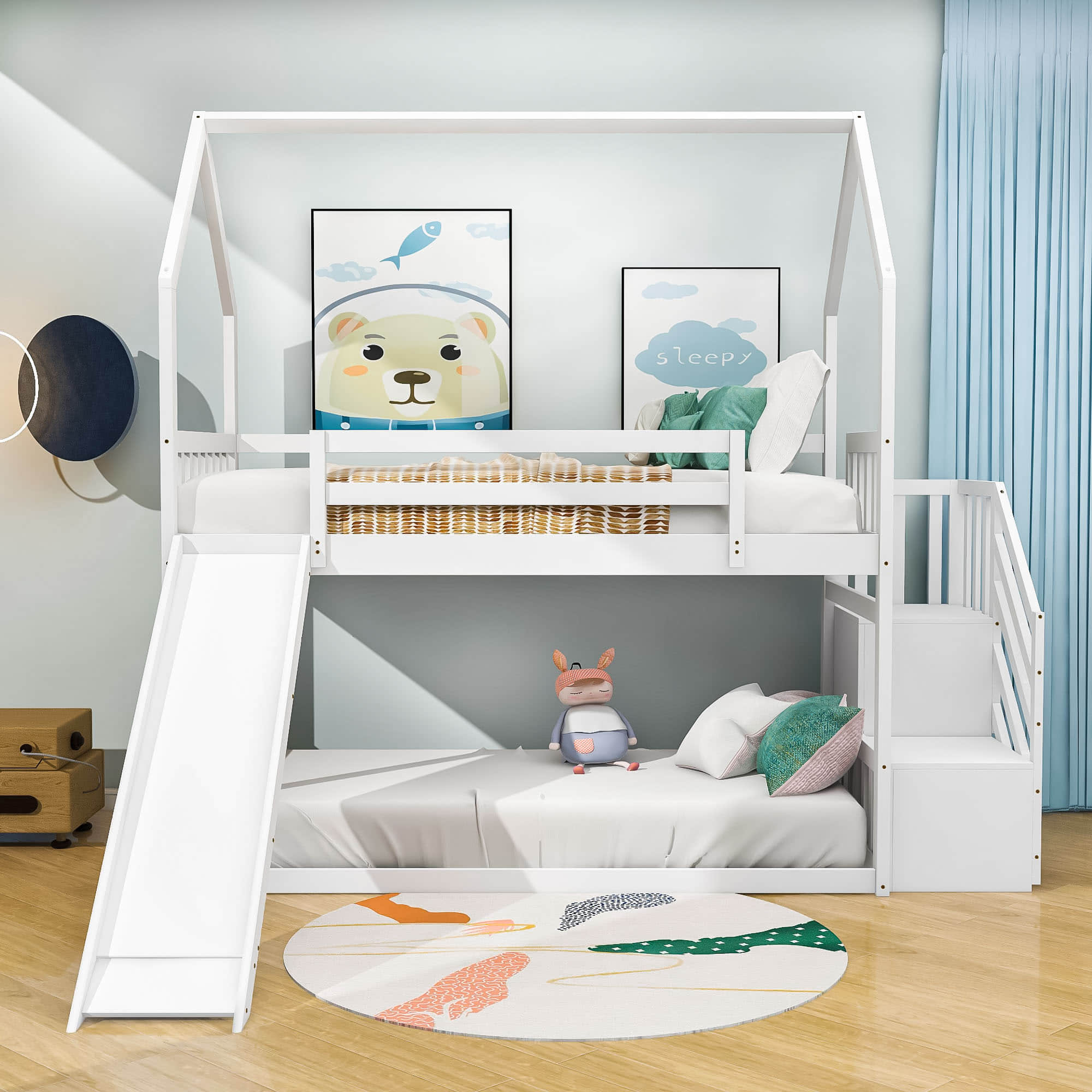 Low Twin Loft House Bunk Beds for Kids with Stairs and Slide - [Convertible]