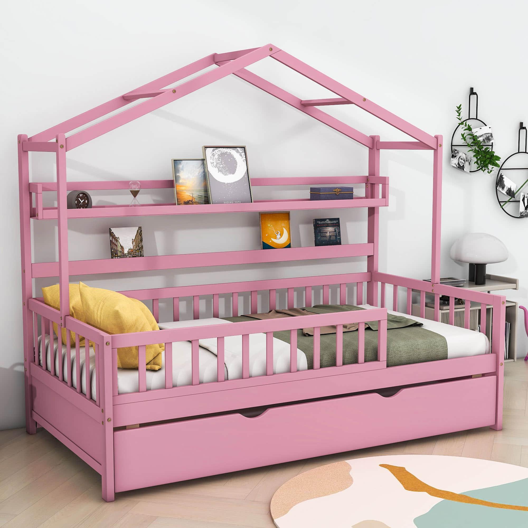 Wood Twin Size Low House Bed Frame with Storage and Twin Trundle Bed