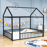 Full Size Metal House Toddler Floor Bed with Rails for Boys and Girls