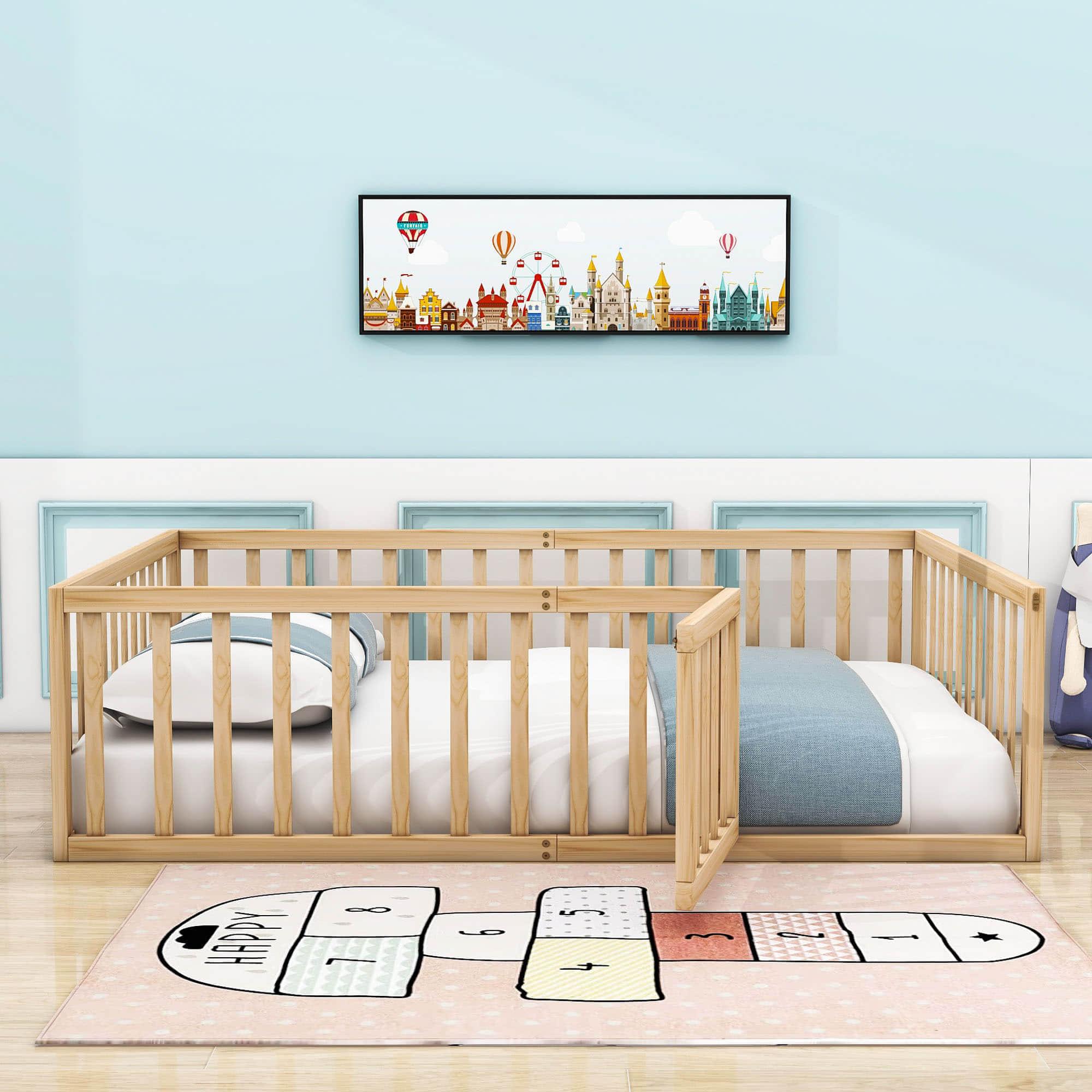 Wooden Full Size Floor Toddler Bed with Rails