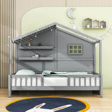 Low Profile Twin House Bed Frame for Kids with Rails and Light Strip