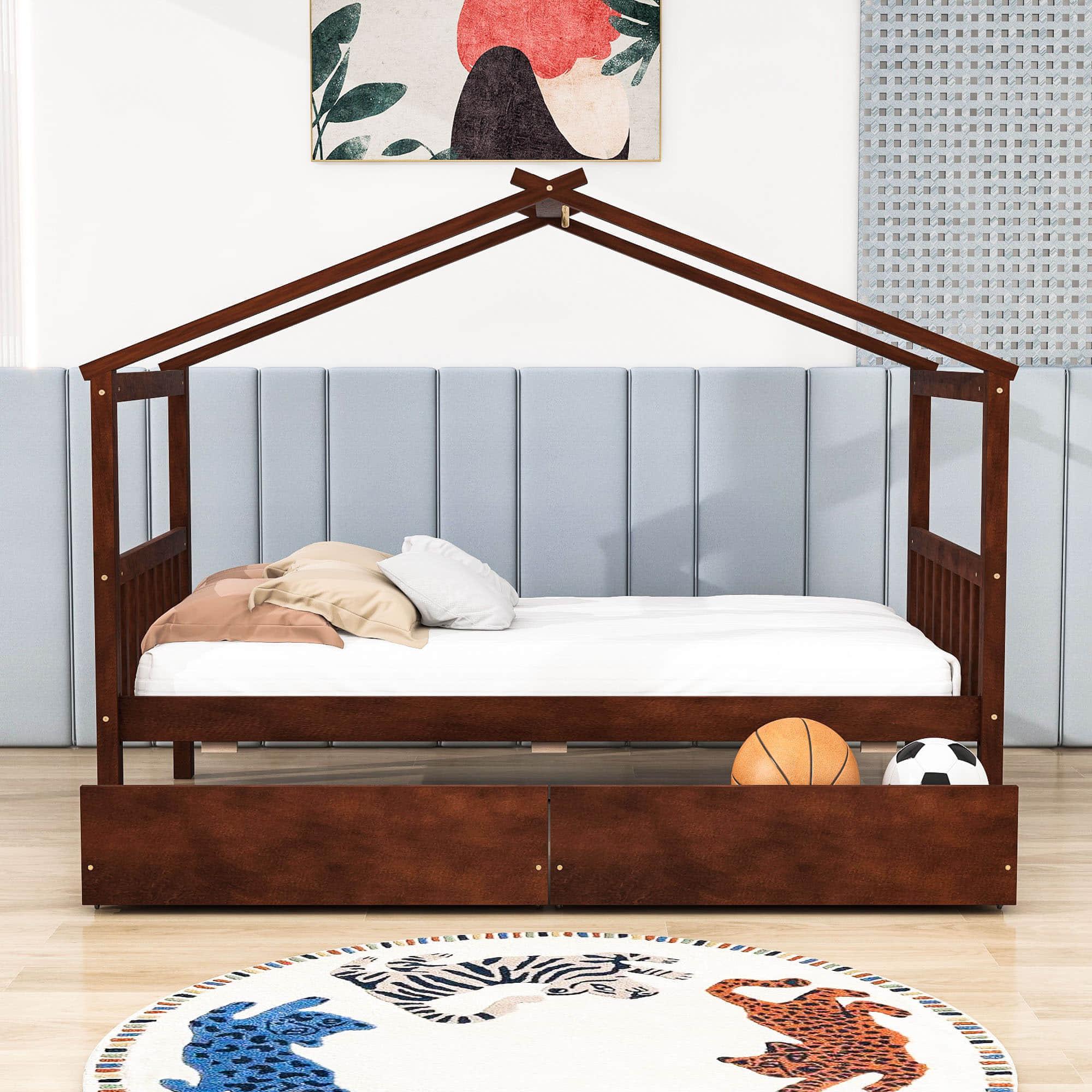 Kids Low Wooden House Bed with Storage and Headboard - [Drawers, Footboard]