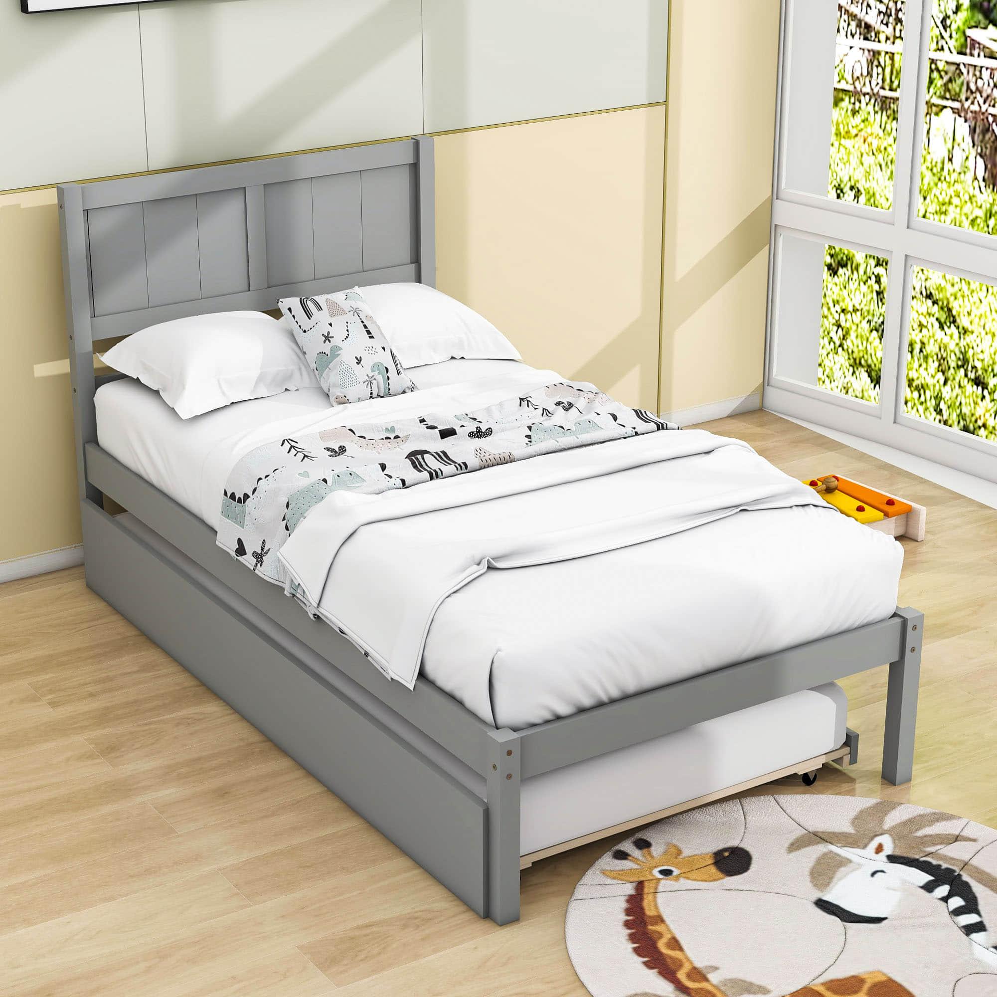 Wooden Twin Platform Bed with Twin Trundle and Headboard