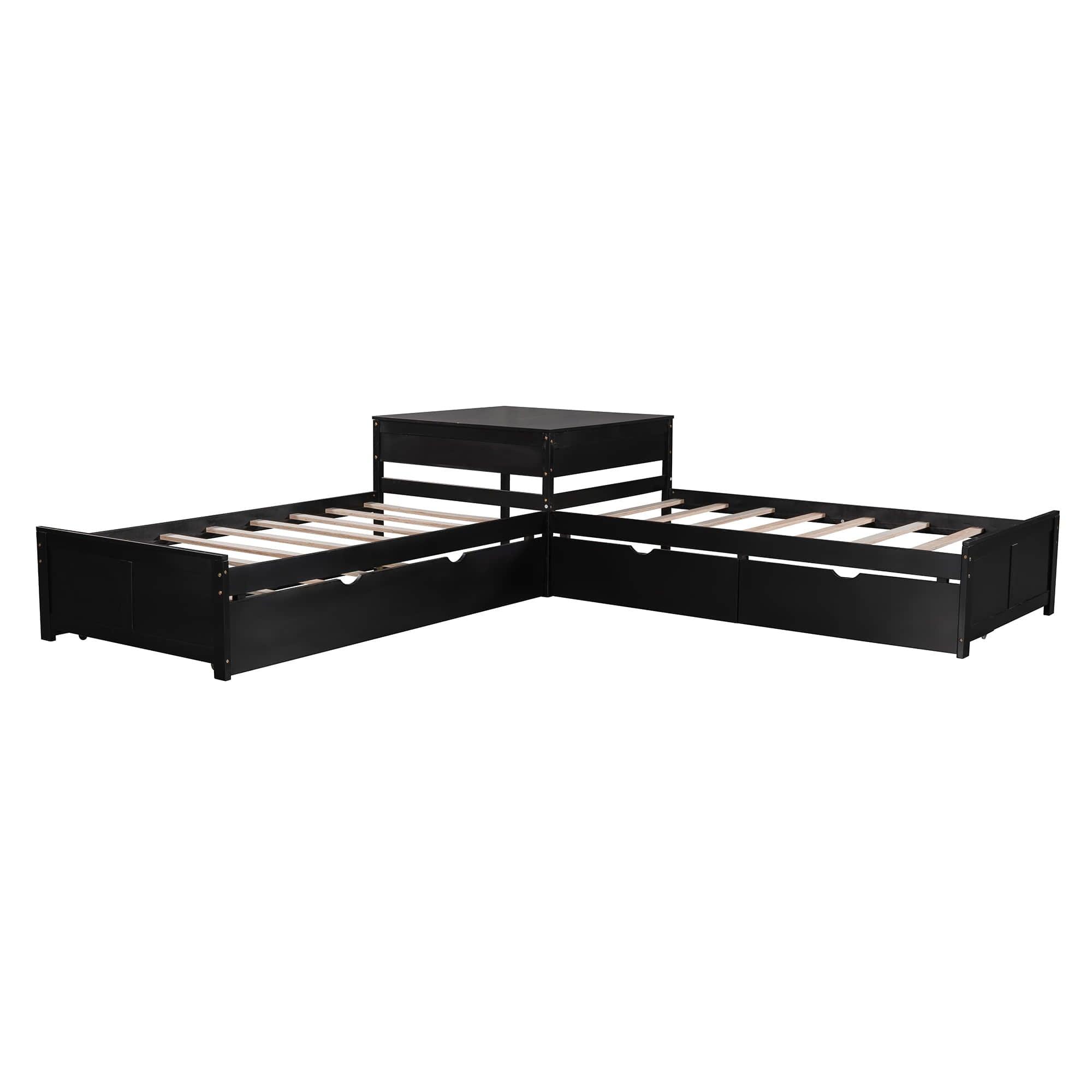 Twin Size L-Shaped Low Platform Corner Bed with Storage and Trundle - [Drawers, Desk]