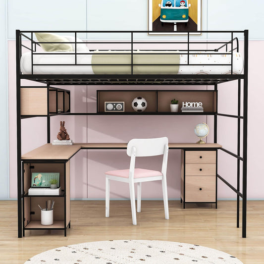 Metal Full Size Loft Bed with Desk and Storage for Adults, Teens