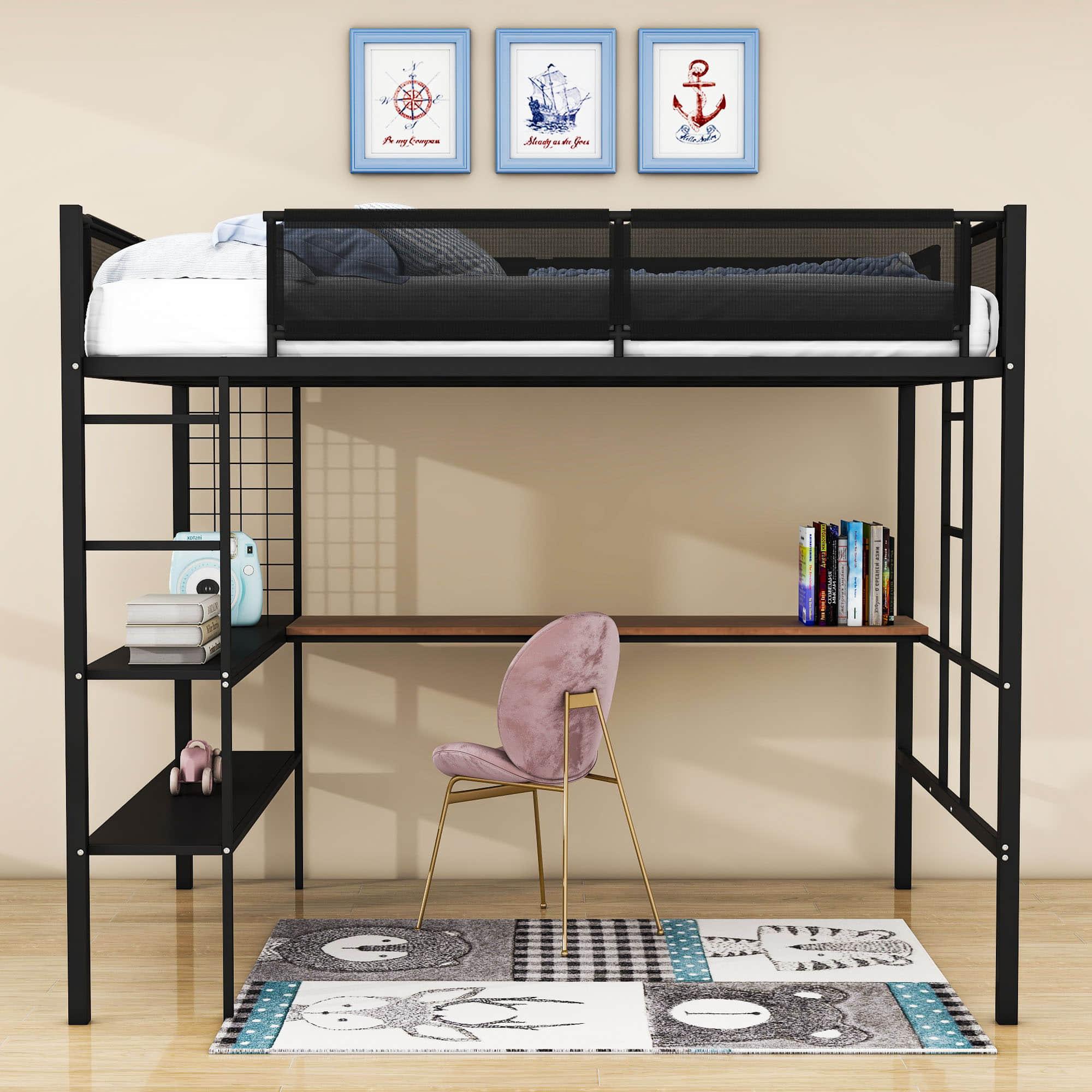 Metal Sturdy Full Size Loft Bed with Desk and Storage Shelves - [Noise Free]