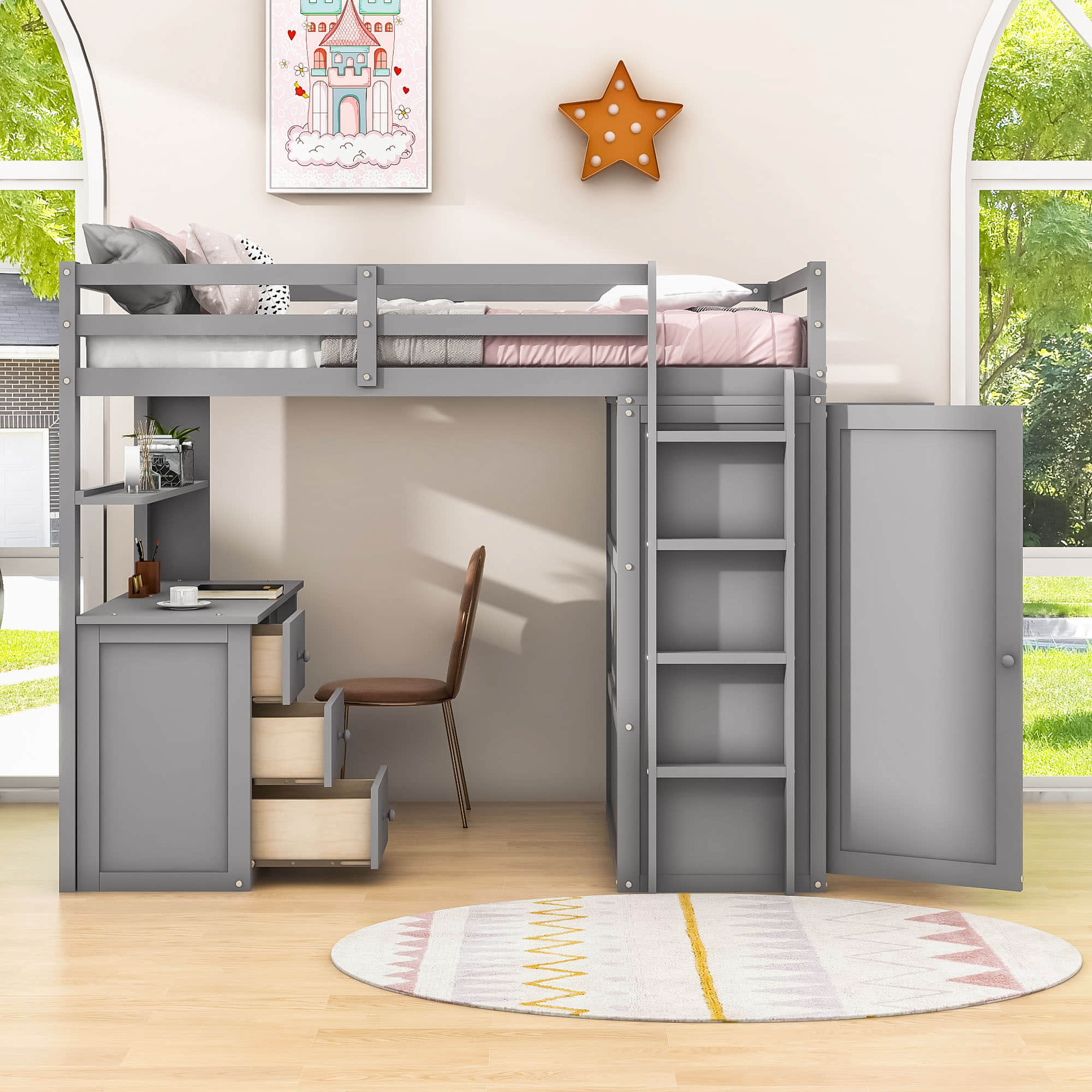 Wood Twin Loft Bed with Desk and Storage for Kids, Adults - [Wardrobe]