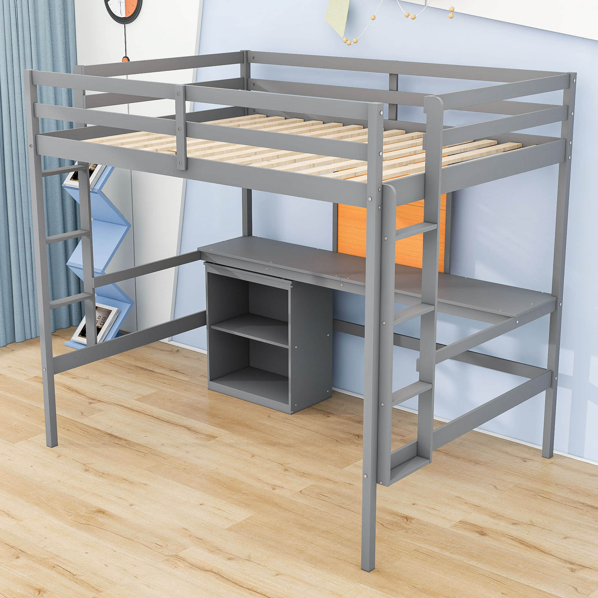 Full Size Loft Bed with Desk and Storage, Writing Board for Adults