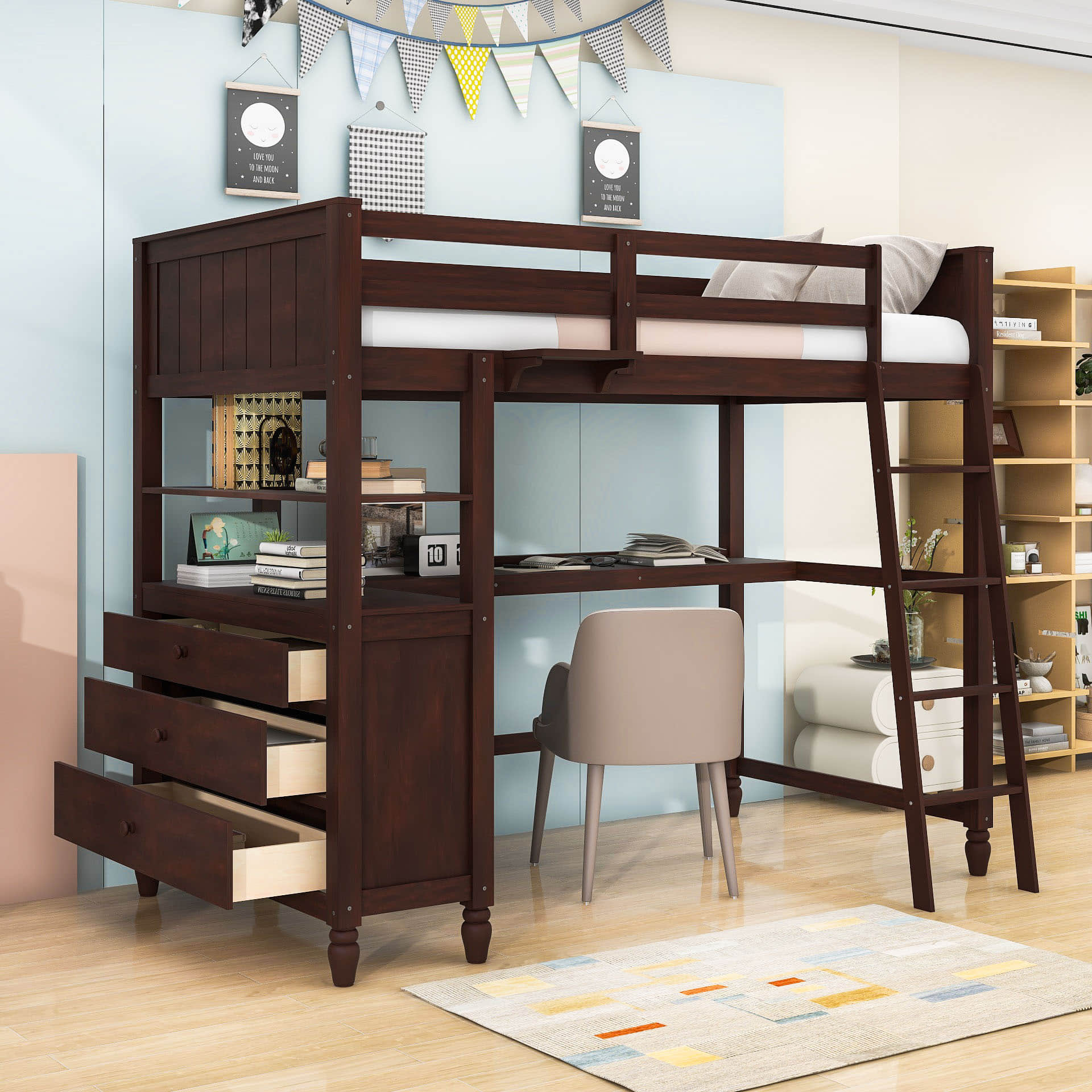 Twin Size Convertible Loft Bed with Desk and Storage - [Dresser, Shelves]